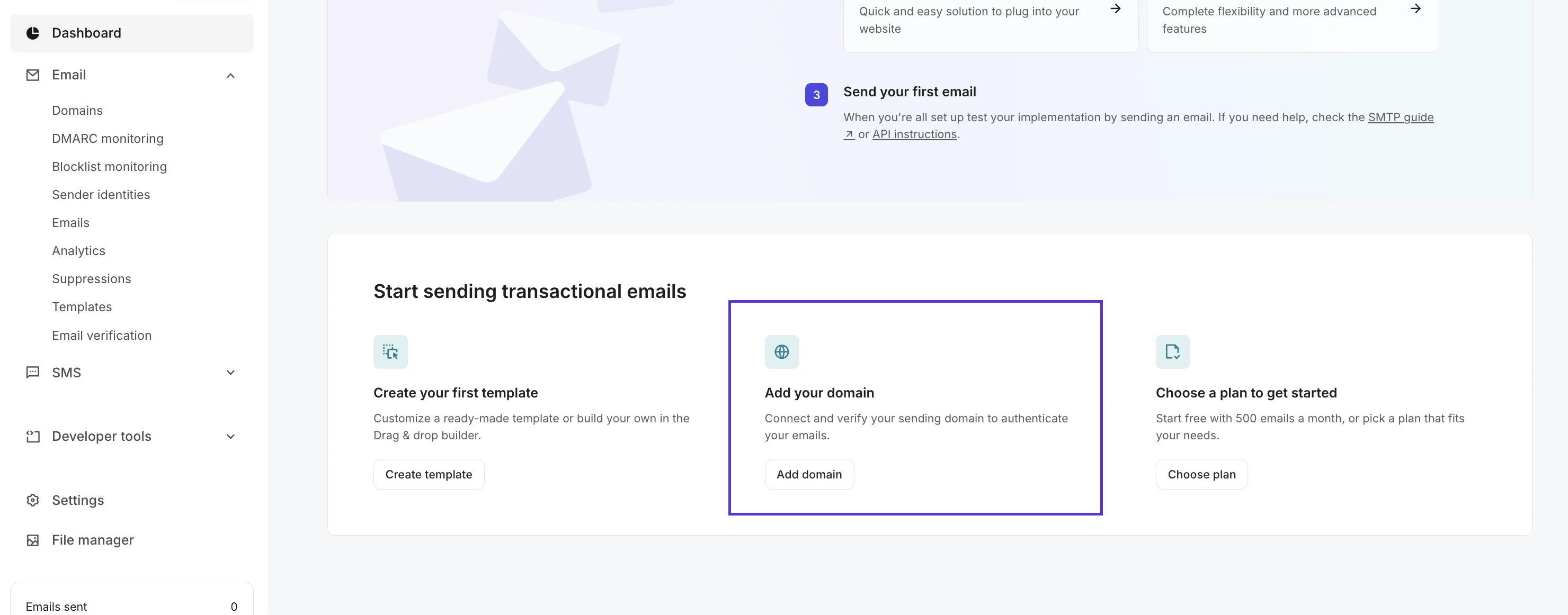 The Add domain option on the Getting Started page in MailerSend. 
