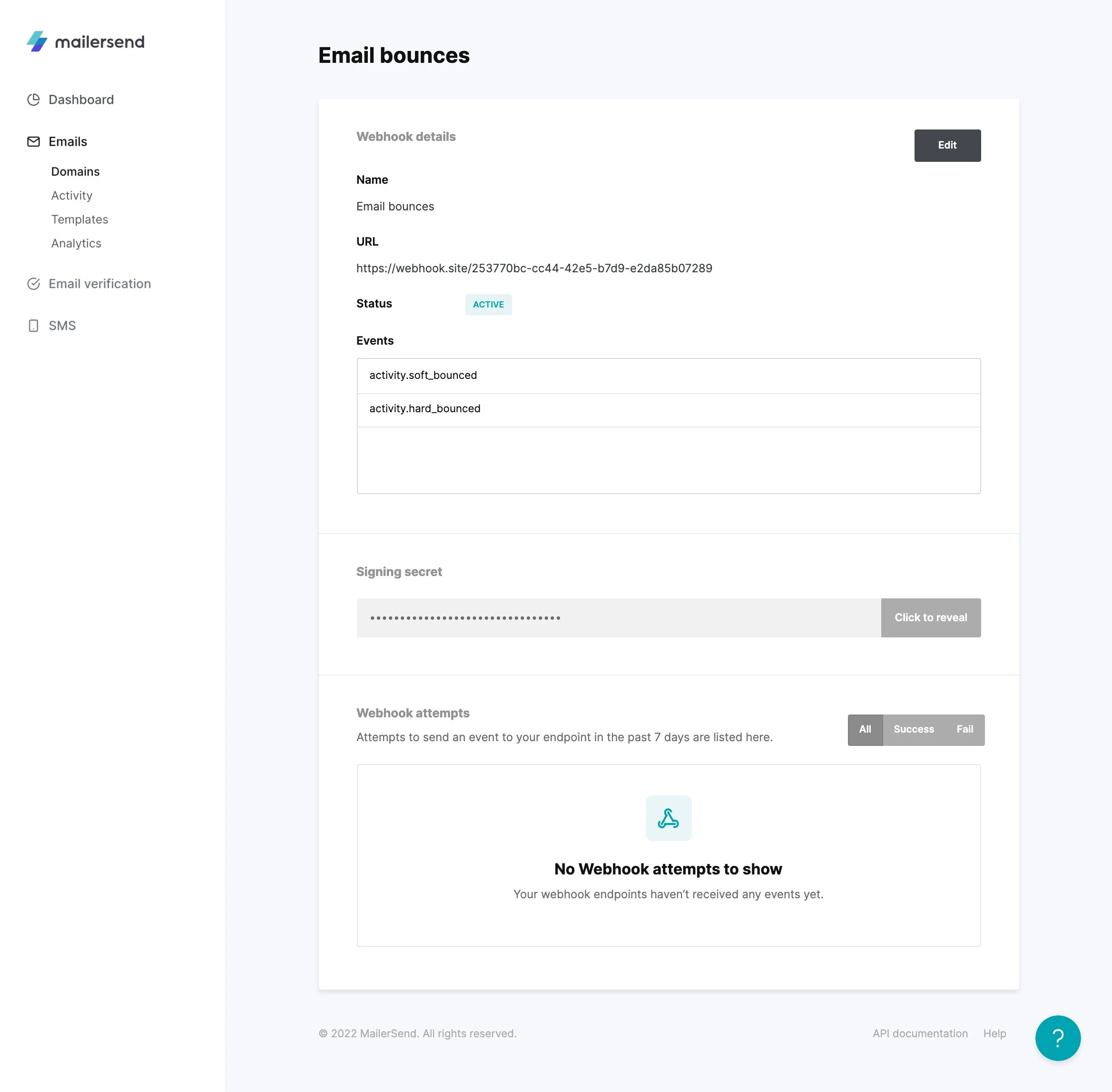 The MailerSend interface showing a webhooks details and signing secret