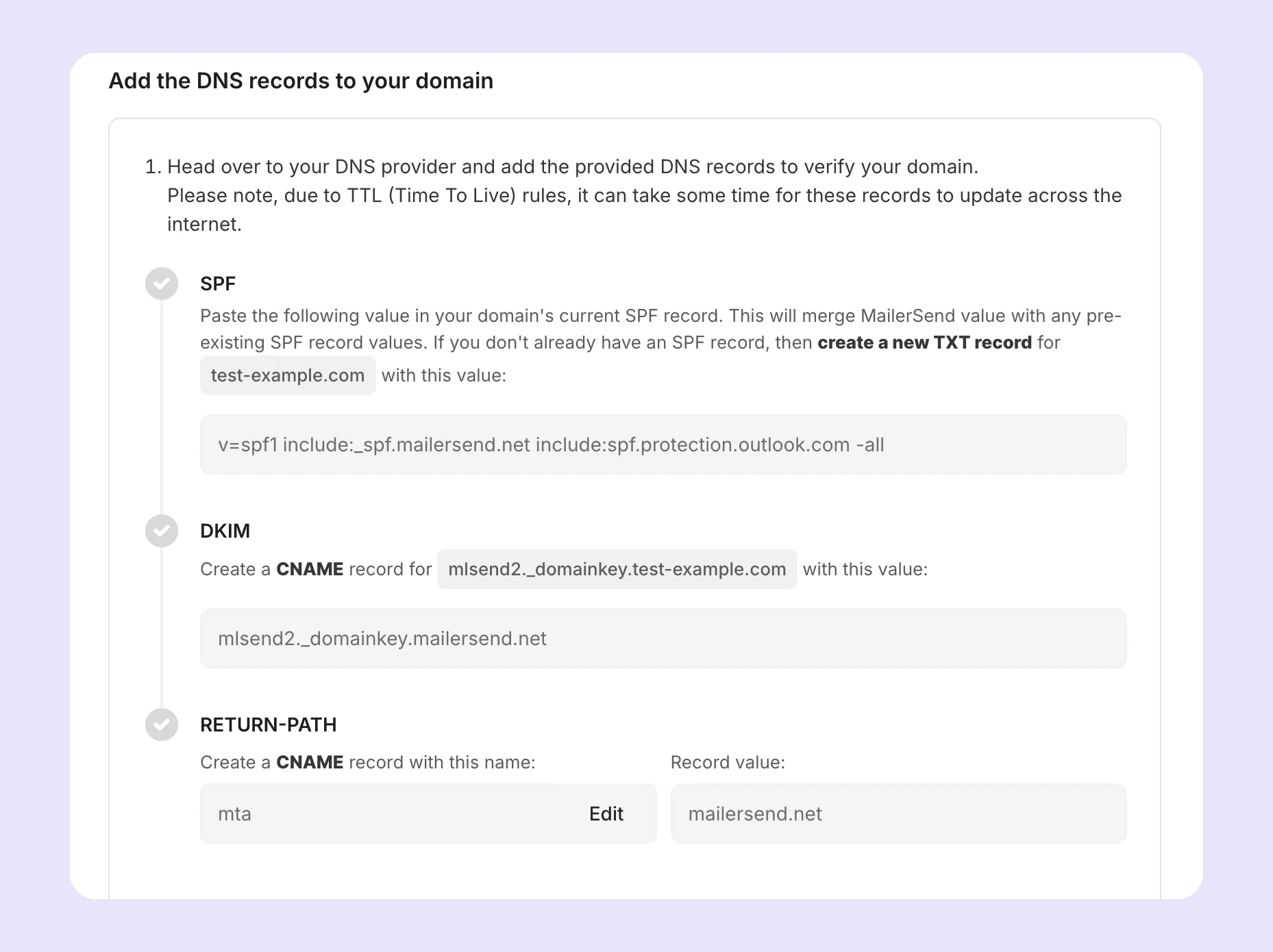 The DNS record wizard for manual authentication. 