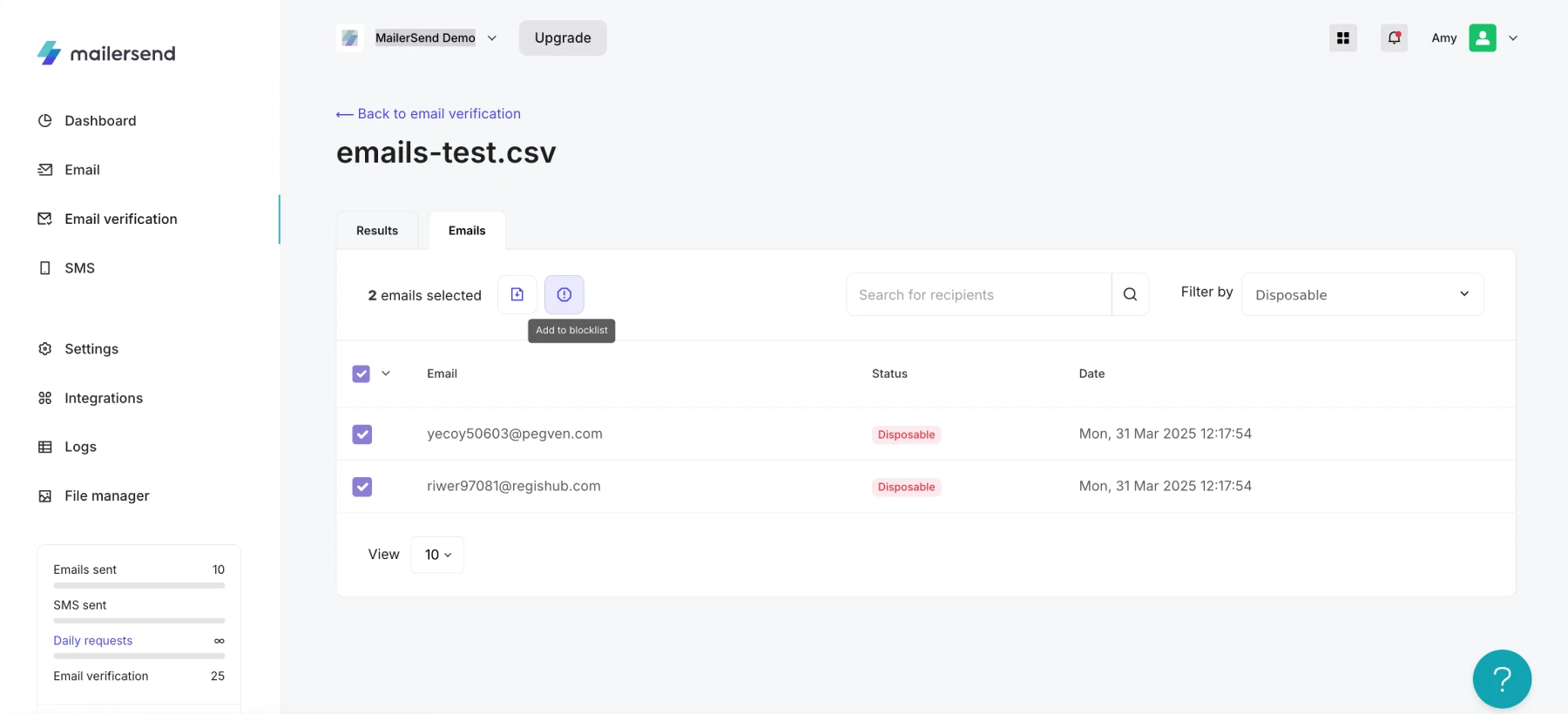 Select emails and add them to your Suppressions/Blocklist.