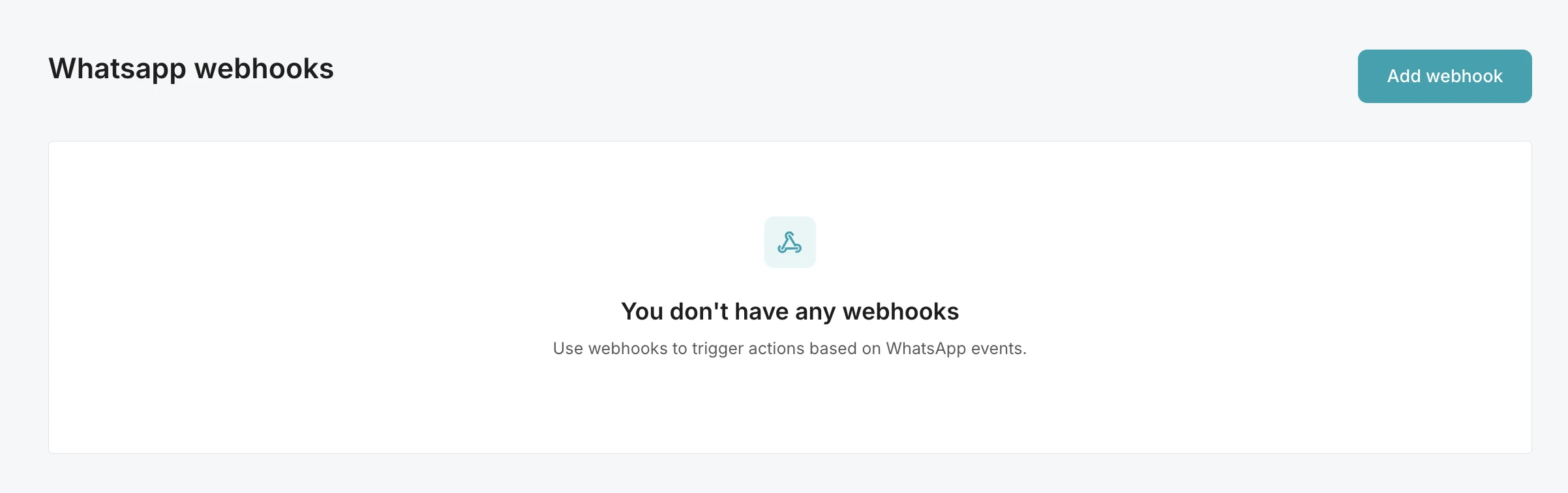 WhatsApp webhooks page with no webhooks set up yet, showing the 