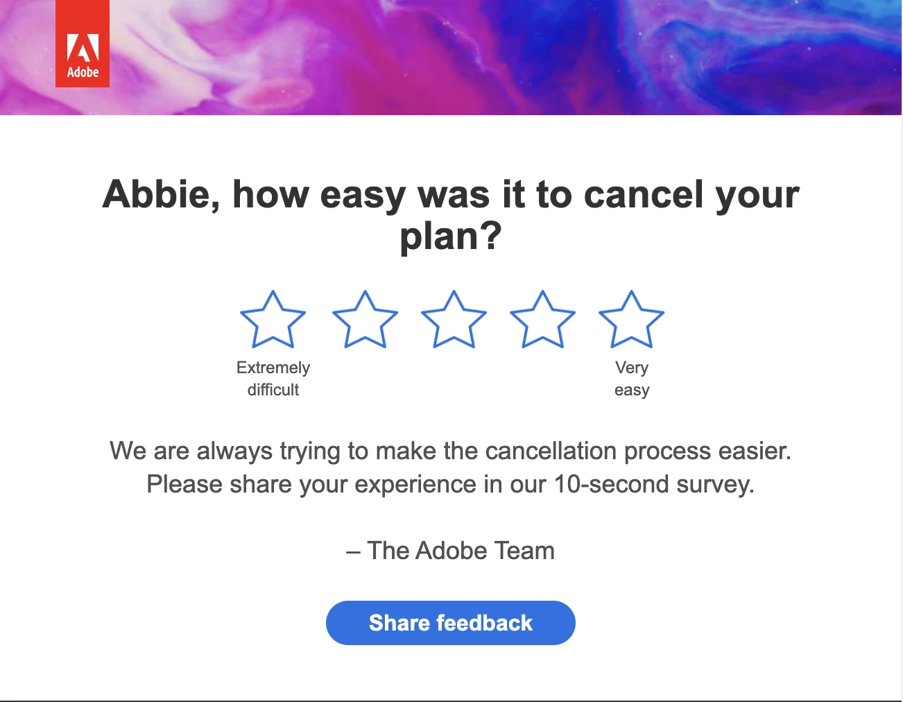 An example of a CES survey email from Adobe. 