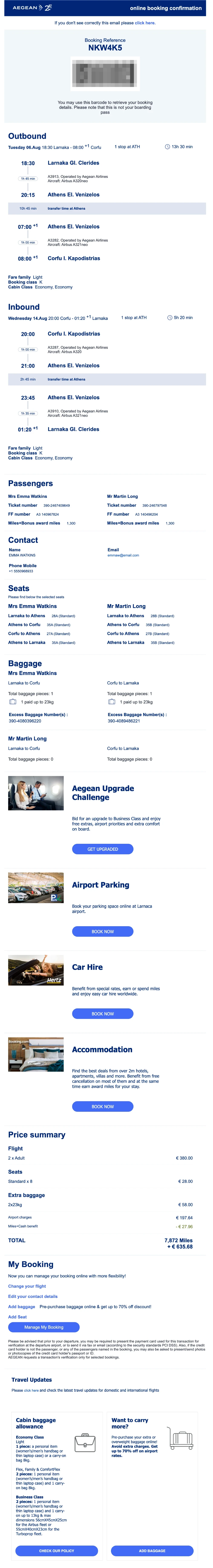 Aegean Airlines booking confirmation email