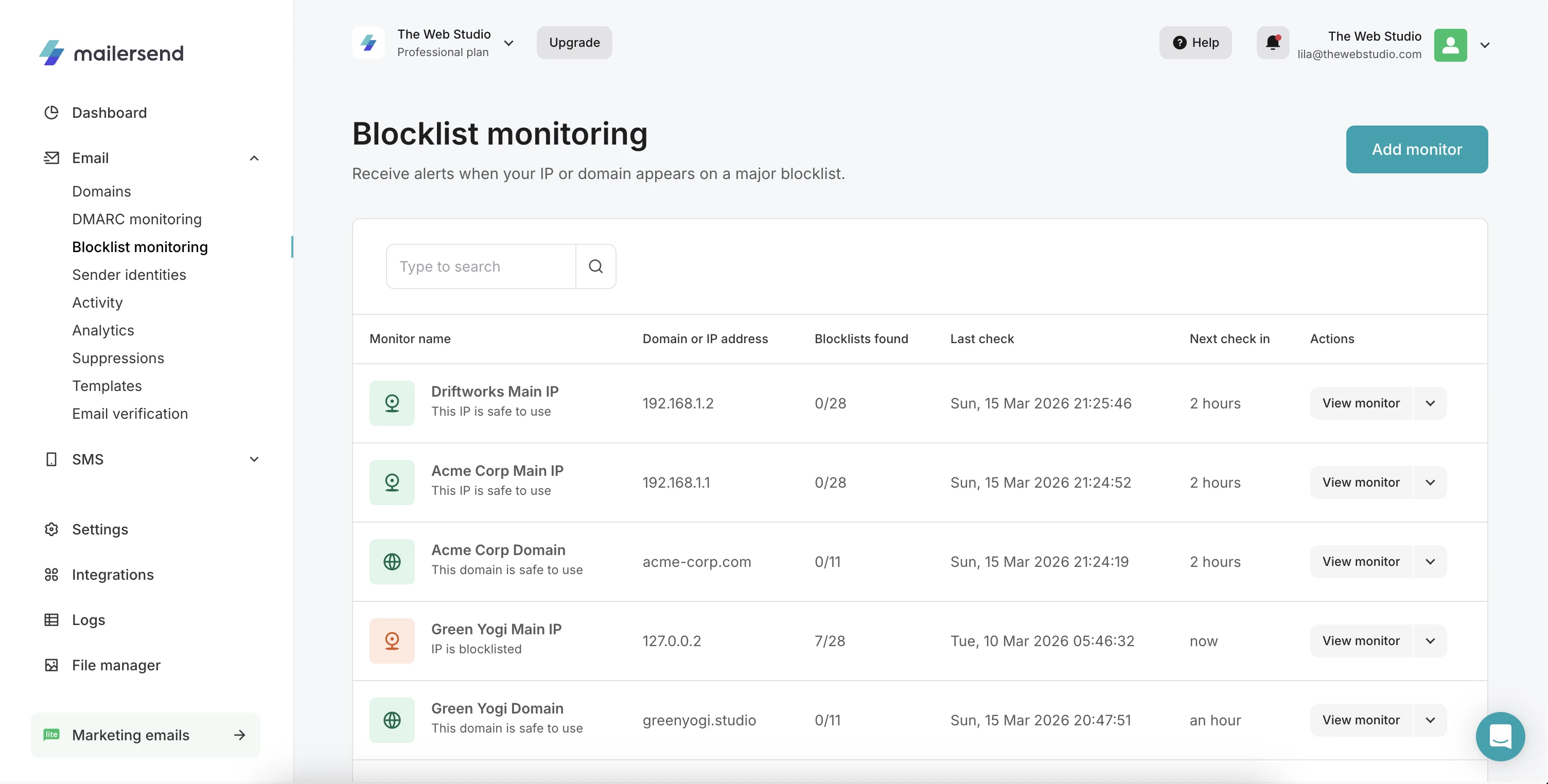 MailerSend's blocklist monitoring tool showing the monitors for multiple clients.