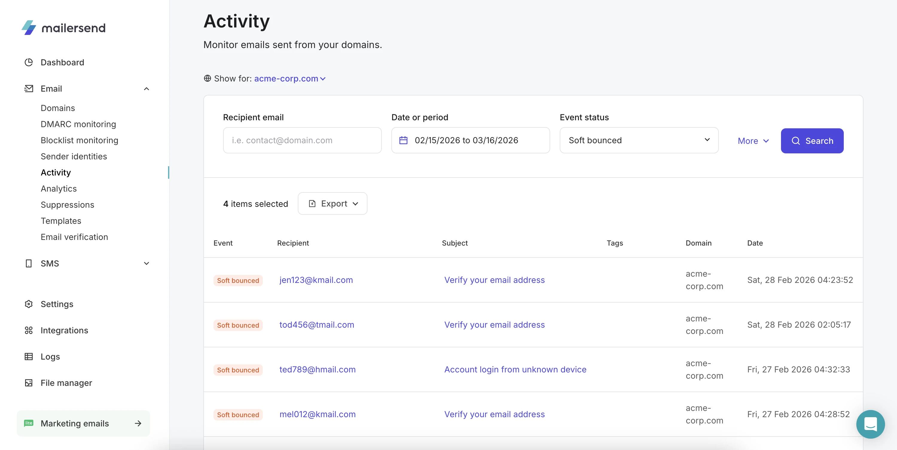 The Activity page in MailerSend showing the activity for a selected domain.