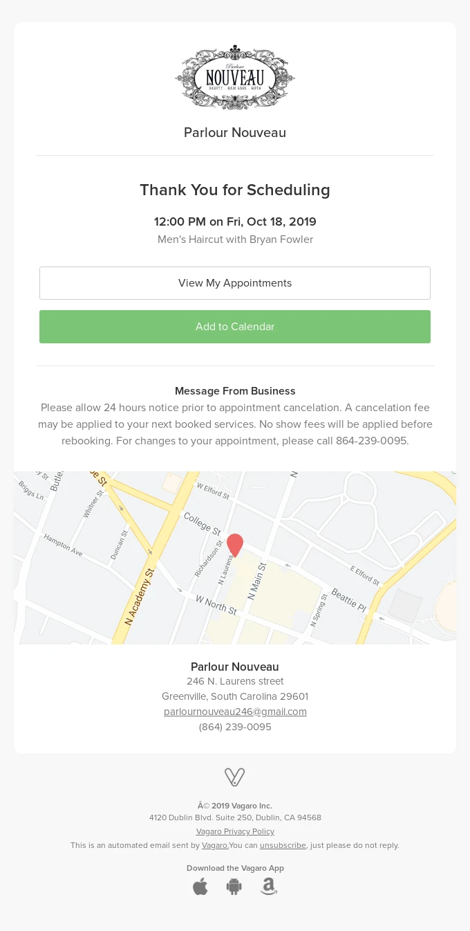 Appointment confirmation email example.