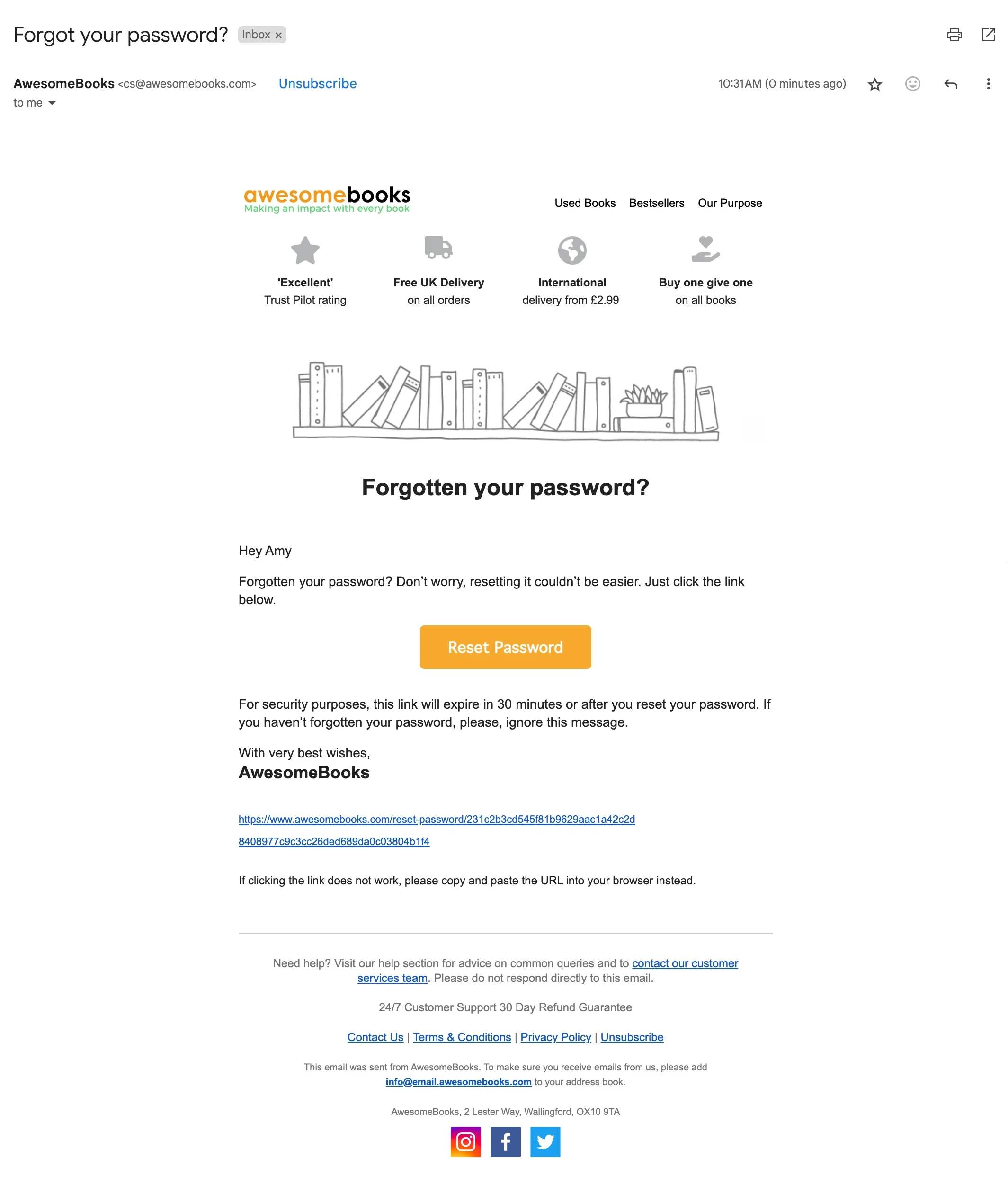 Awesome Books password reset email