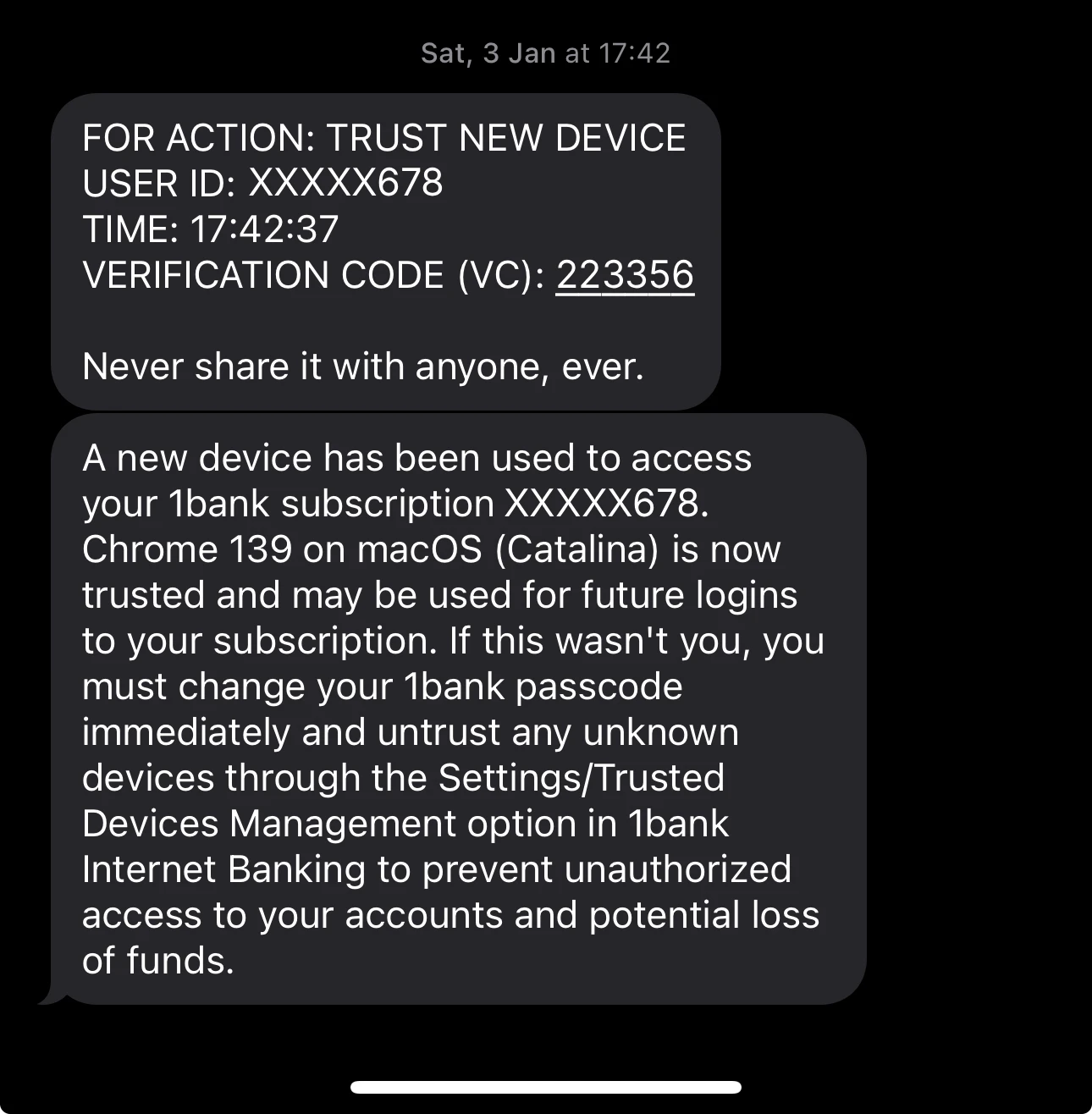 An example of an OTP message from a bank with security message. 