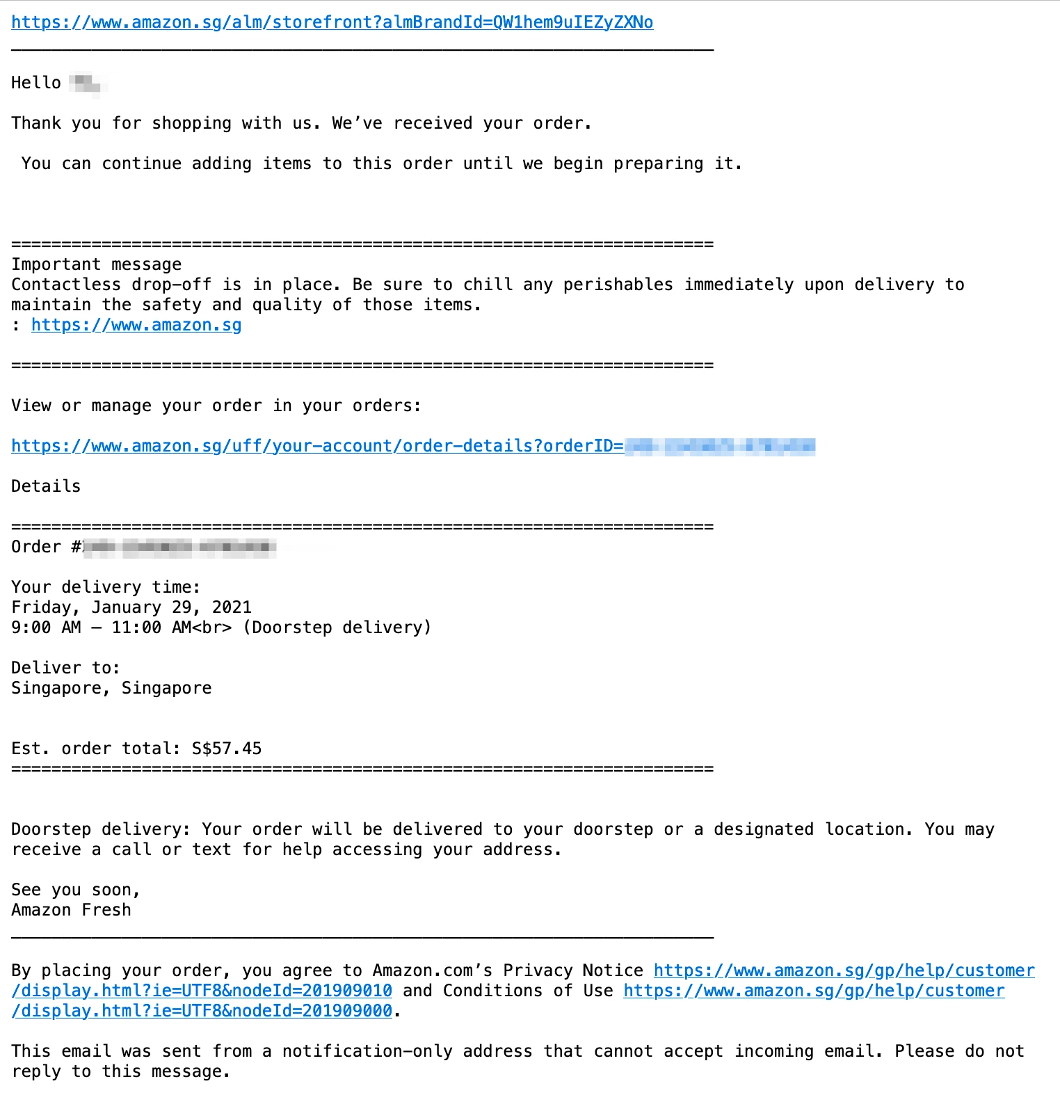 Amazon Fresh plain text email