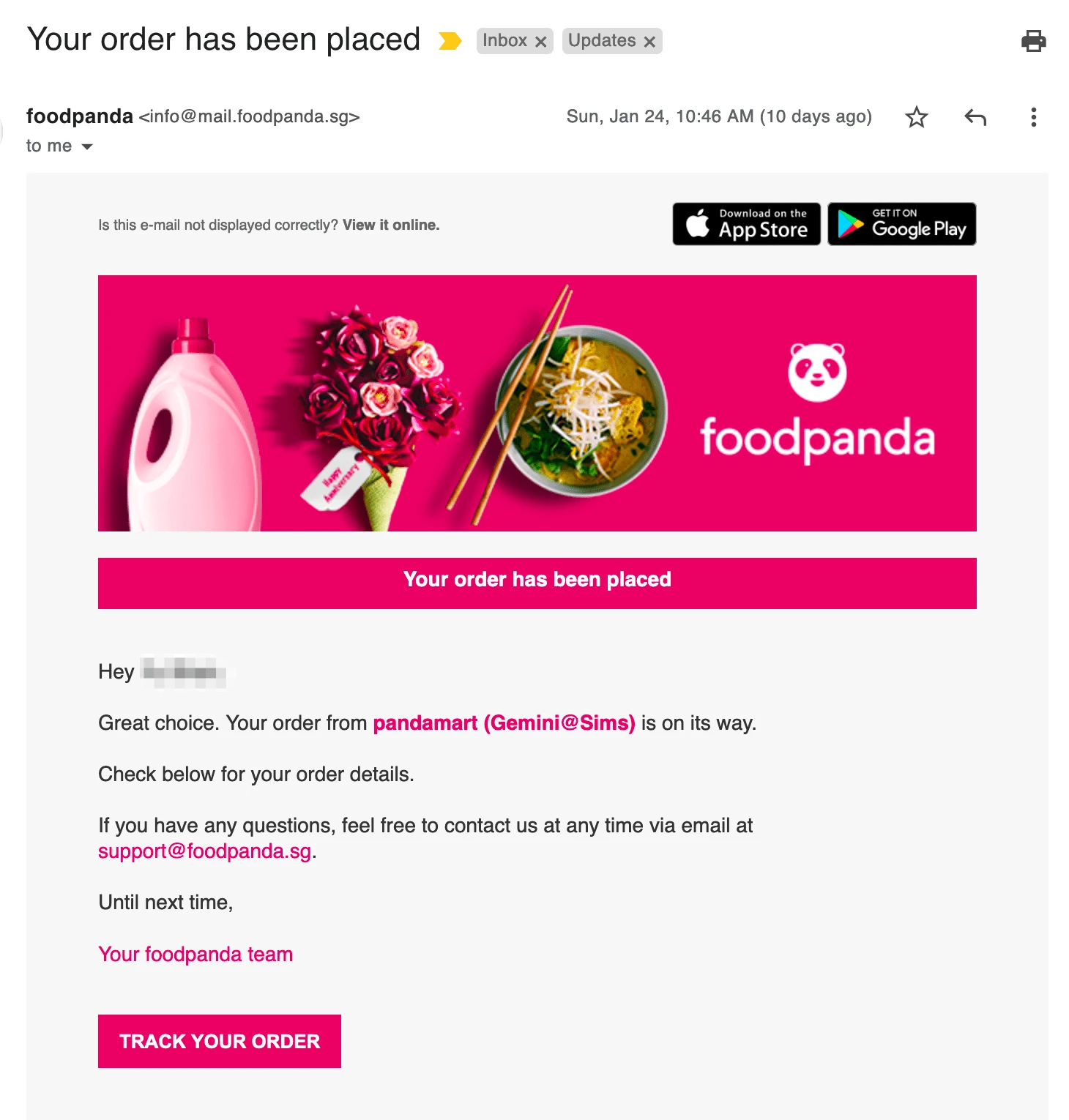 Foodpanda order confirmation on a laptop screen