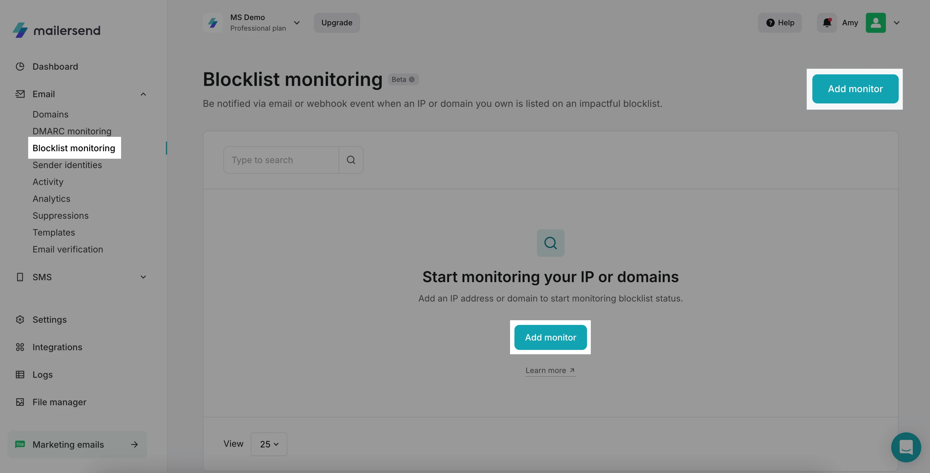 The Blocklist monitoring page with Add monitor button highlighted.