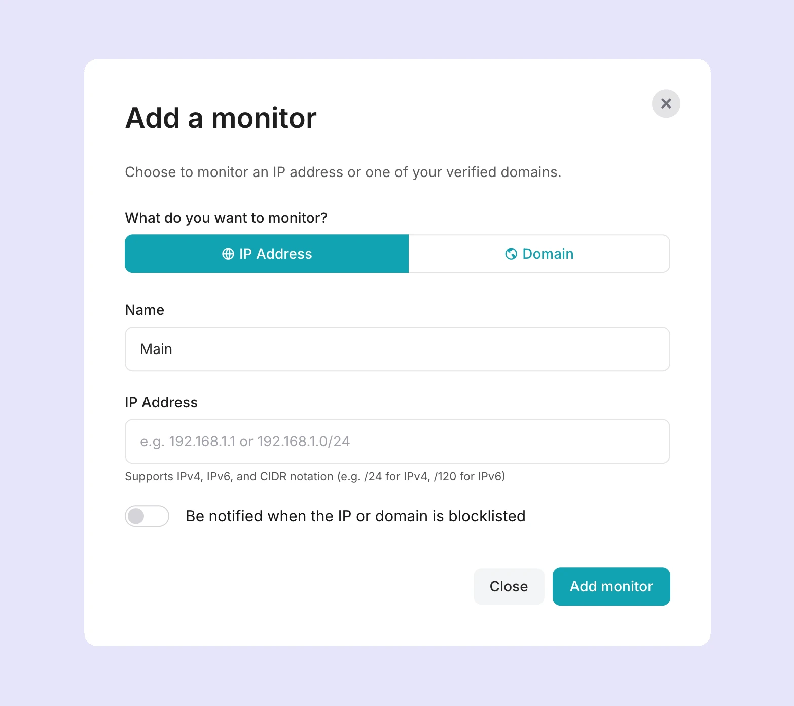 The Add monitor modal to add an IP address or domain for blocklist monitoring.