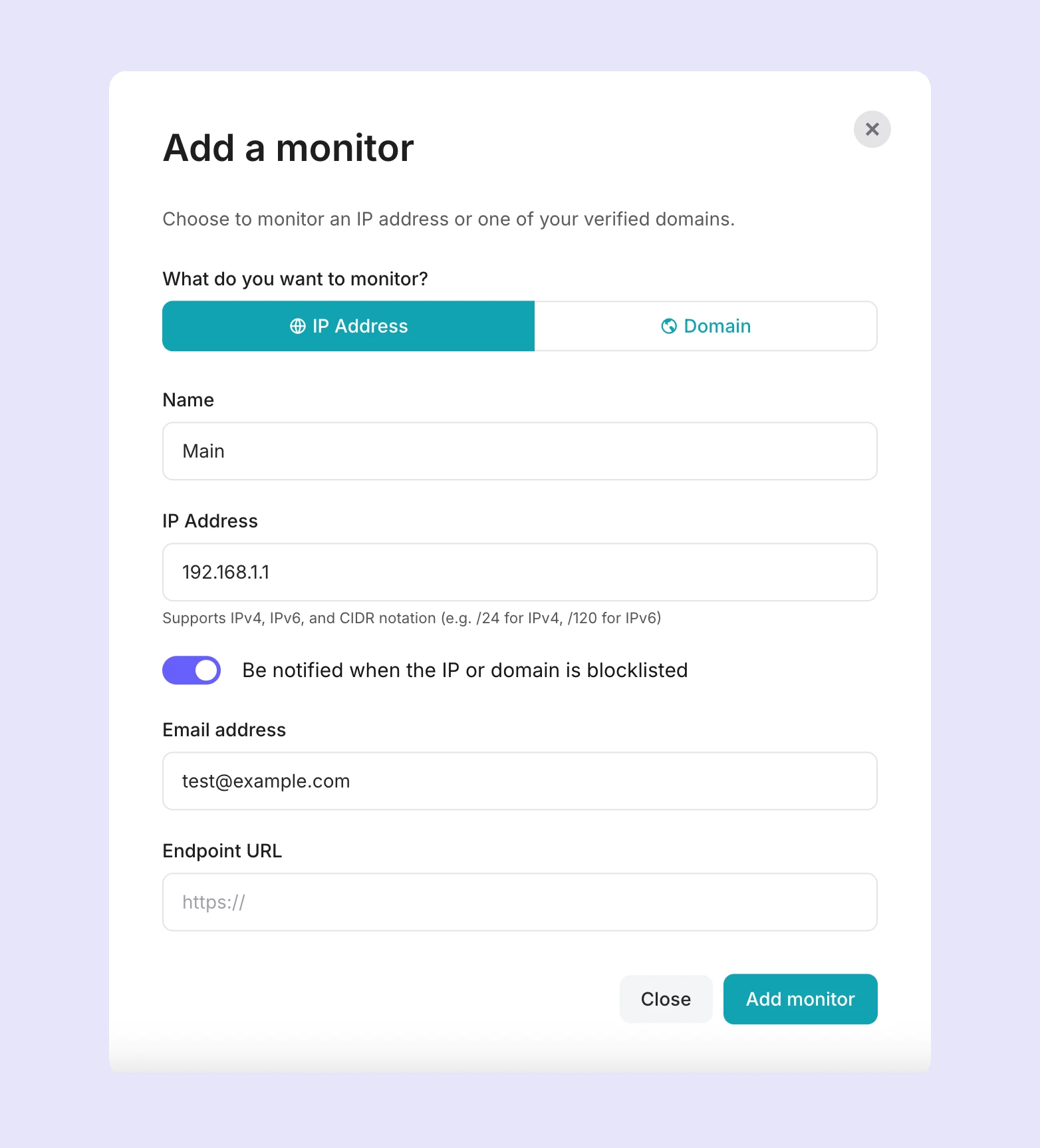 The Add monitor modal with the option to receive blocklist notifications enabled. 