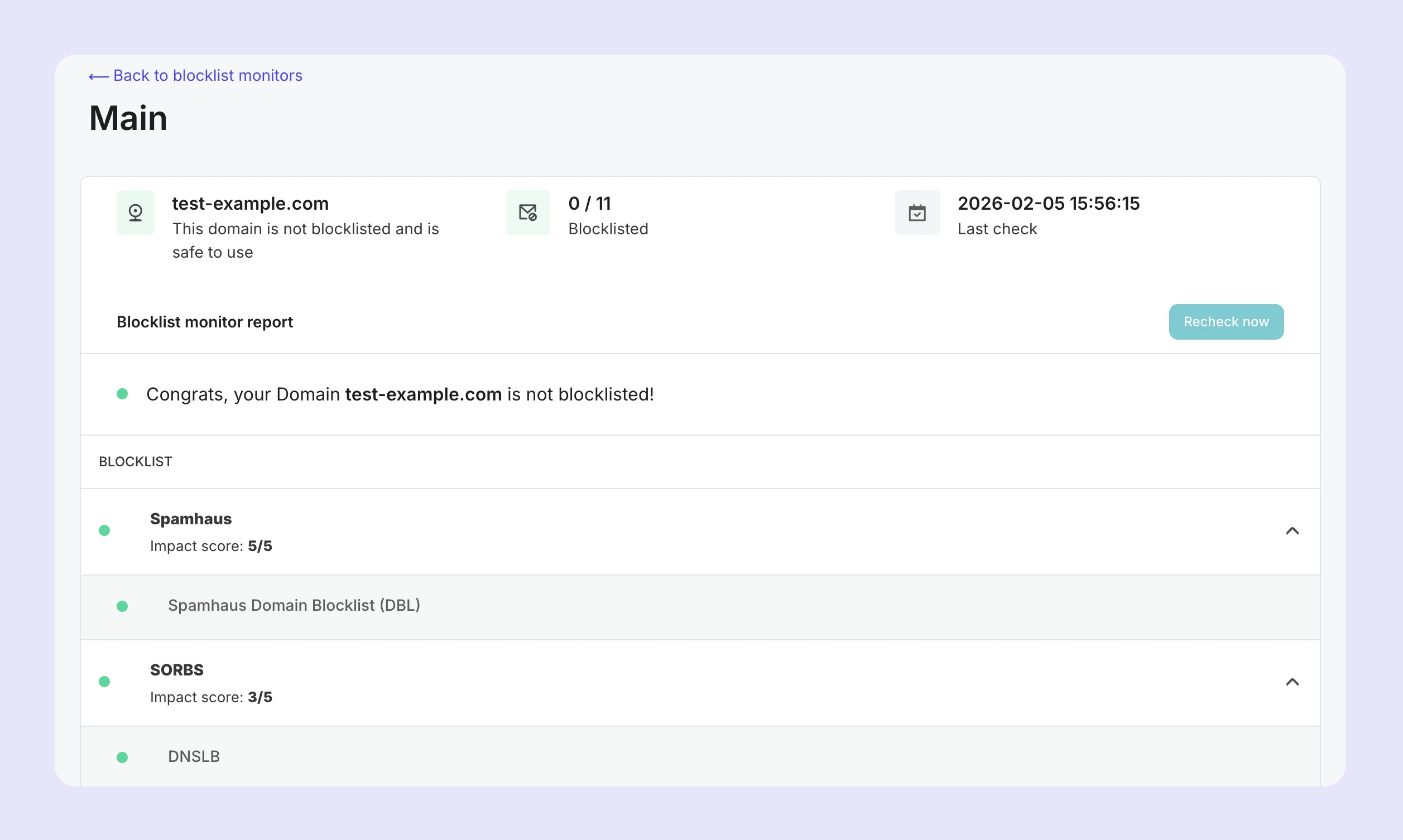An example of a blocklist monitor report showing a domain that is safe to send with. 