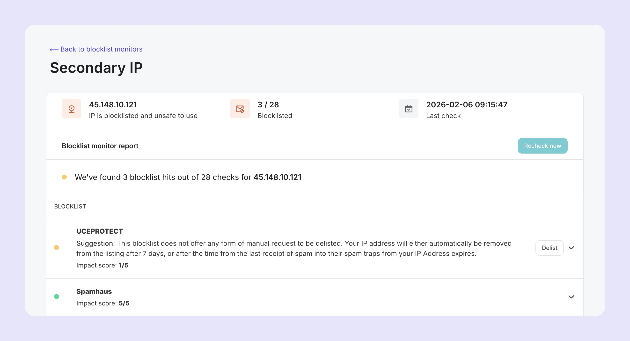 A blocklist monitoring report for a blocklisted IP address.