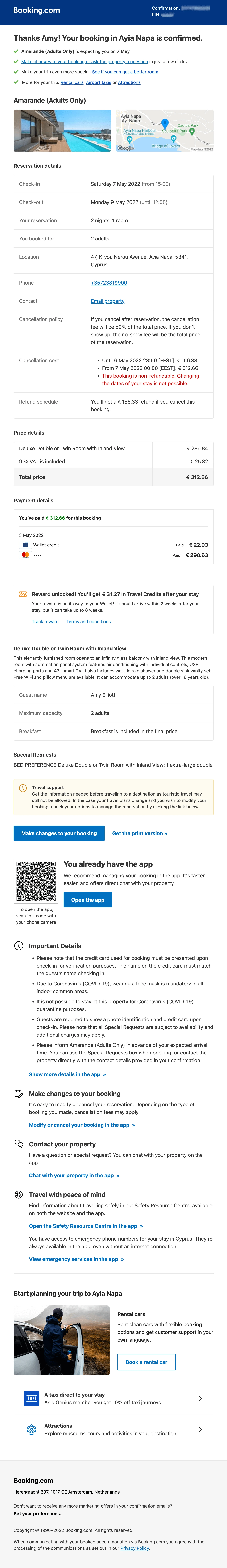 Accommodation confirmation email from booking.com.