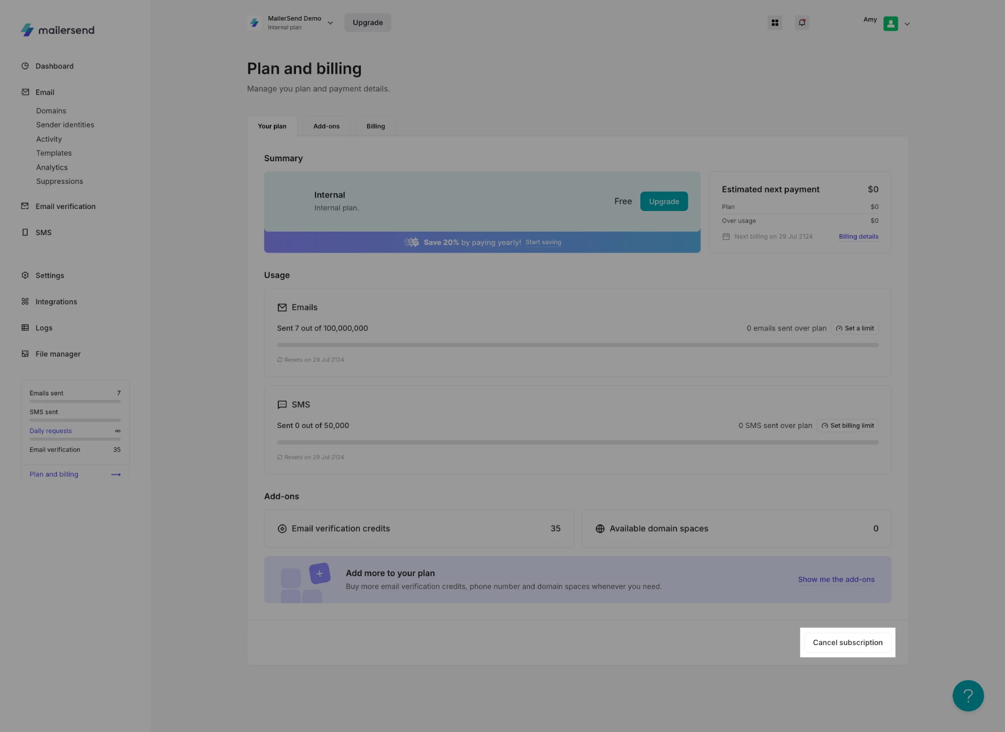 The Plan and billing page with the Cancel subscription button highlighted.