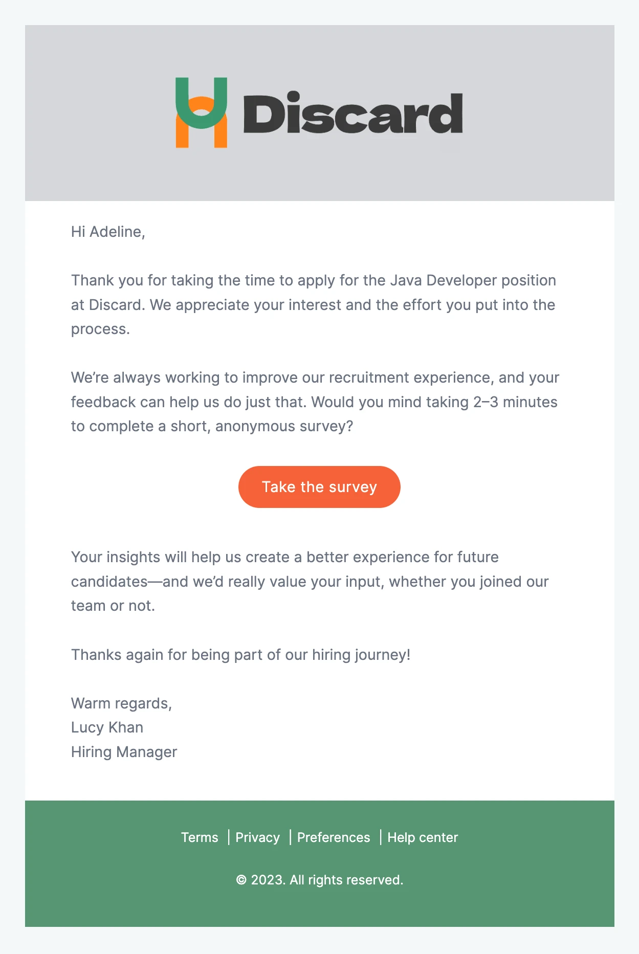 A candidate experience survey email template created in MailerSend.