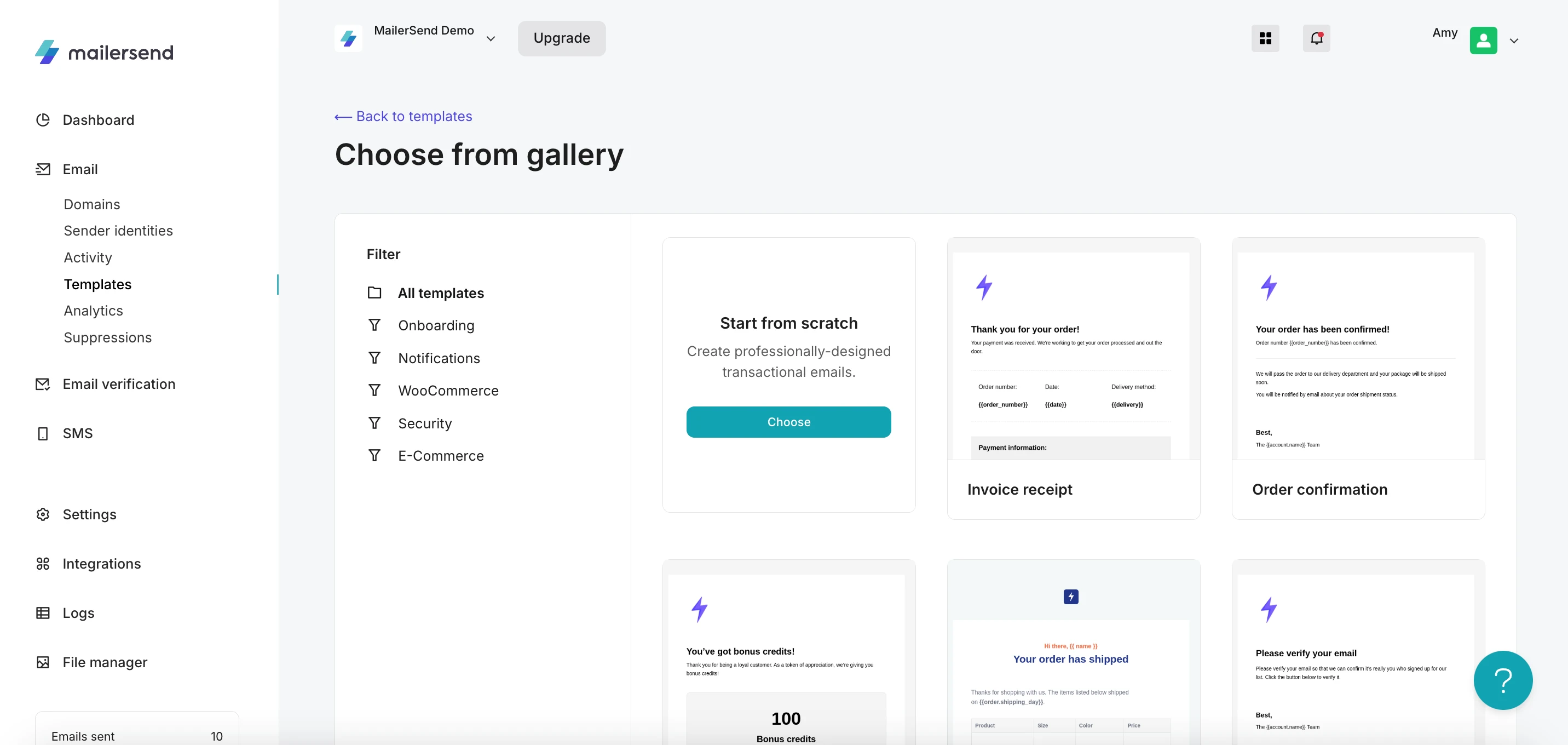 View of the template gallery when creating a template in MailerSend.