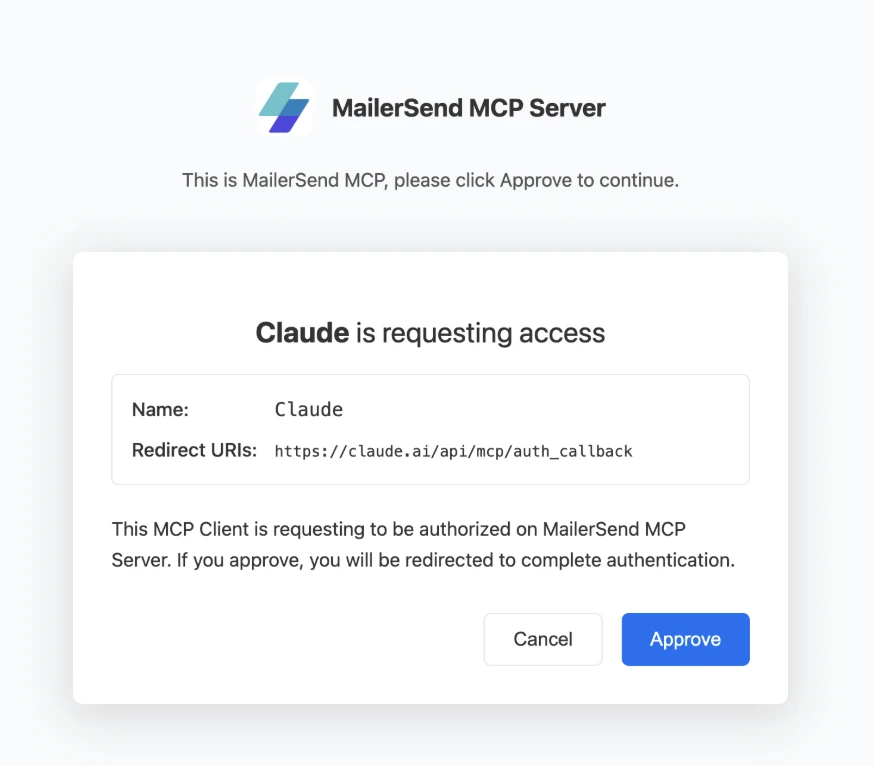 Claude authorization screen showing 'Claude is requesting access' to the MailerSend MCP Server, with Cancel and Approve buttons.