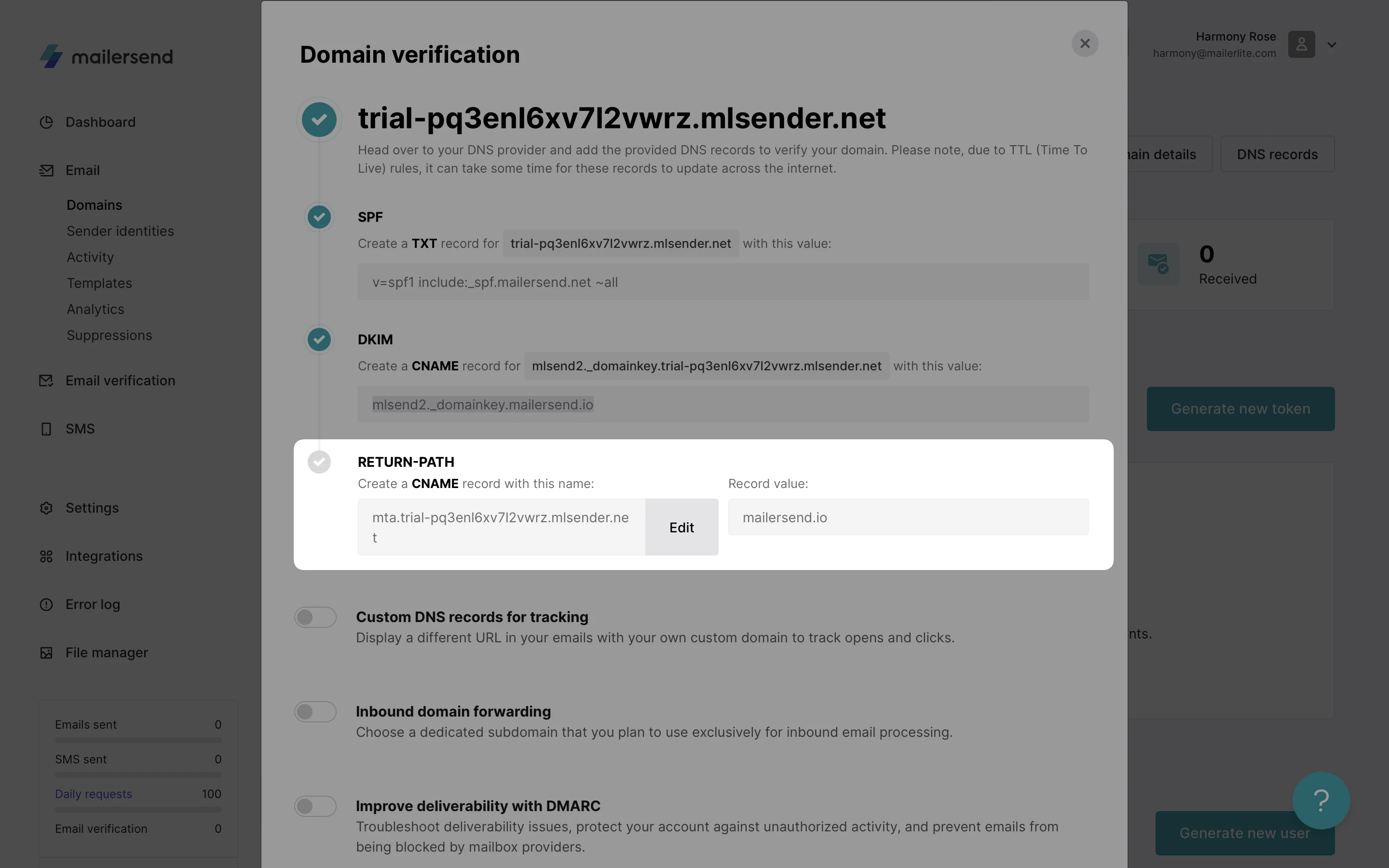 Edit the CNAME record for return-path in MailerSend.
