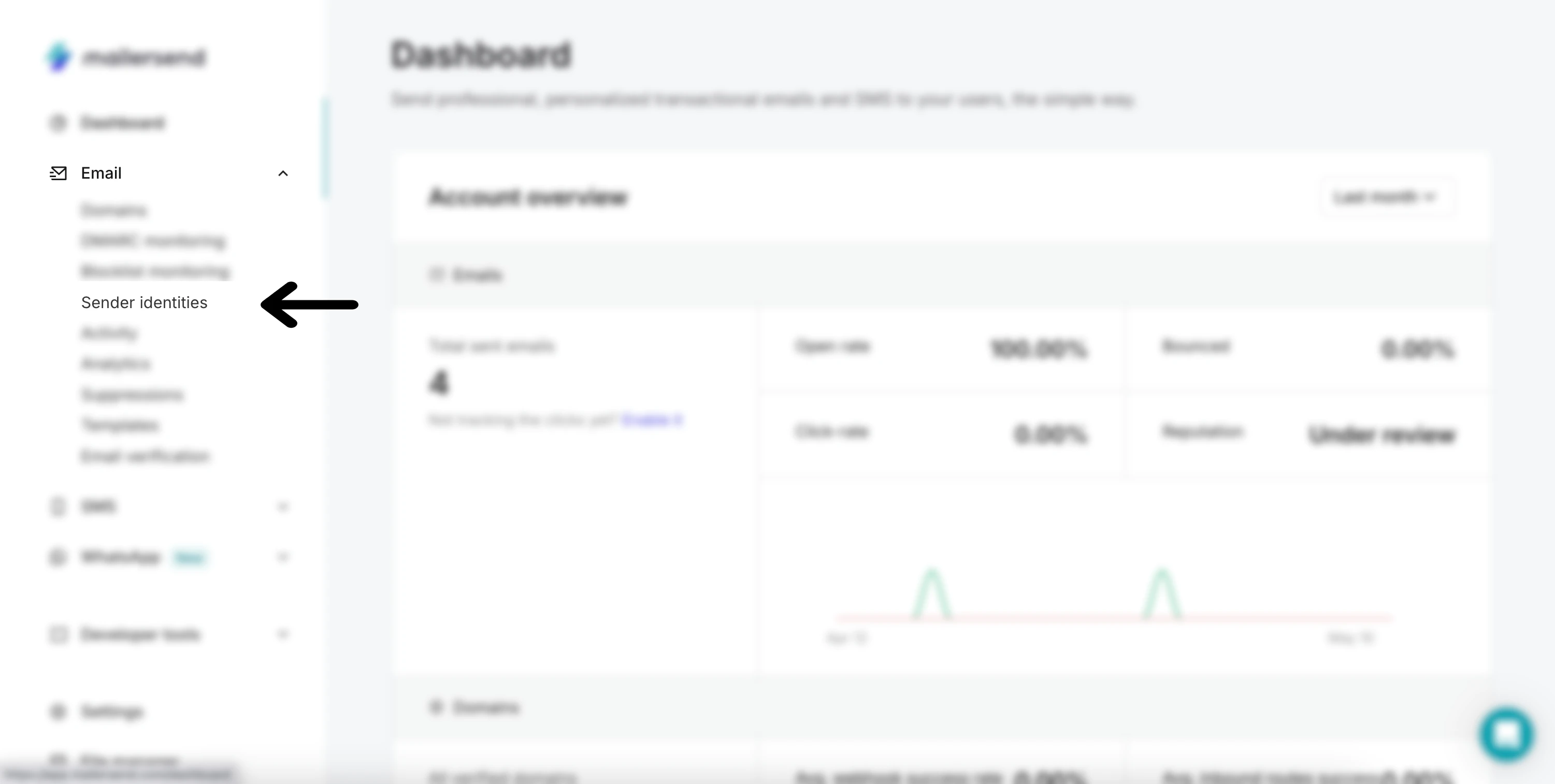 How to access the Sender identities page from the MailerSend Dashboard. 