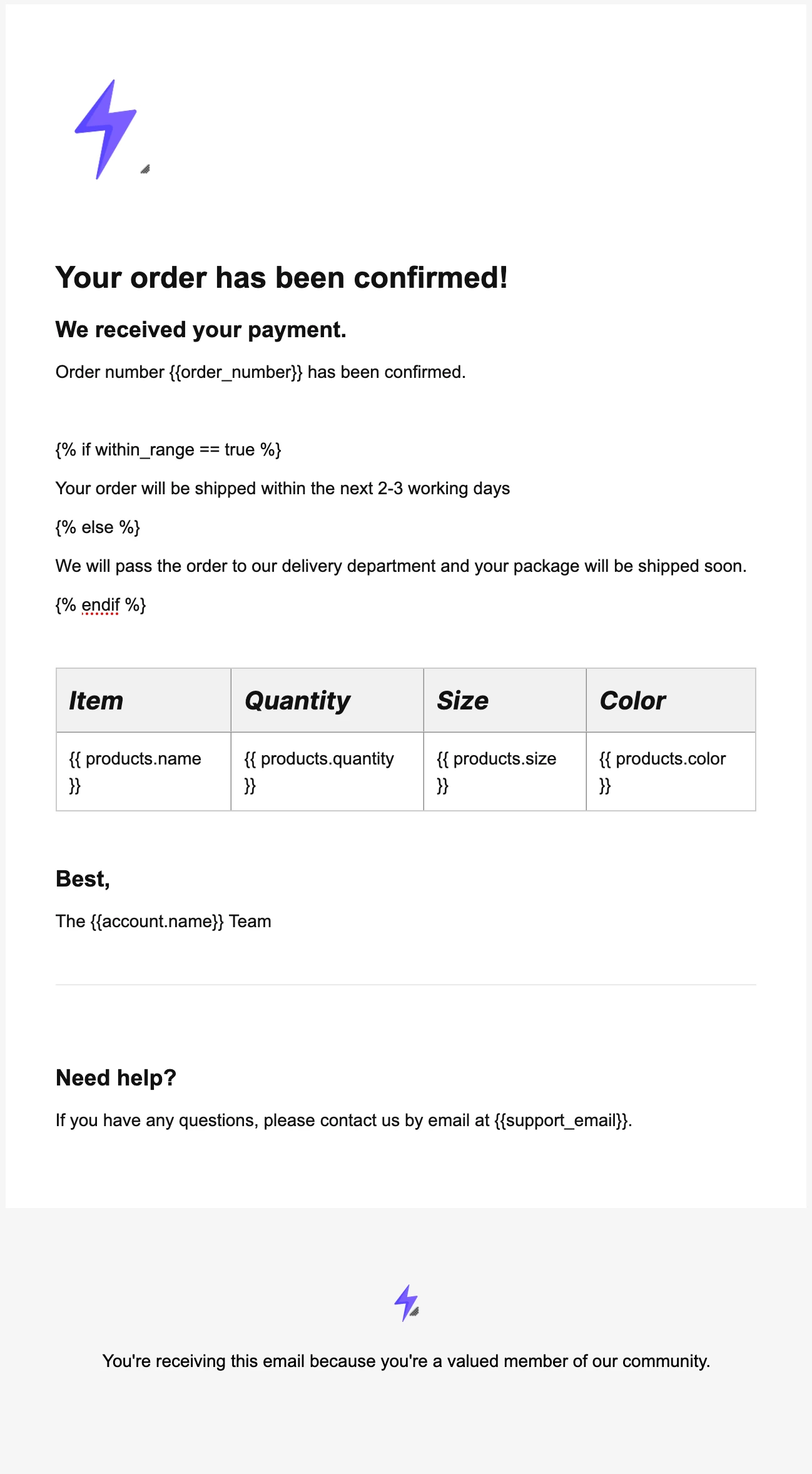Example of an email template using a conditional statement.