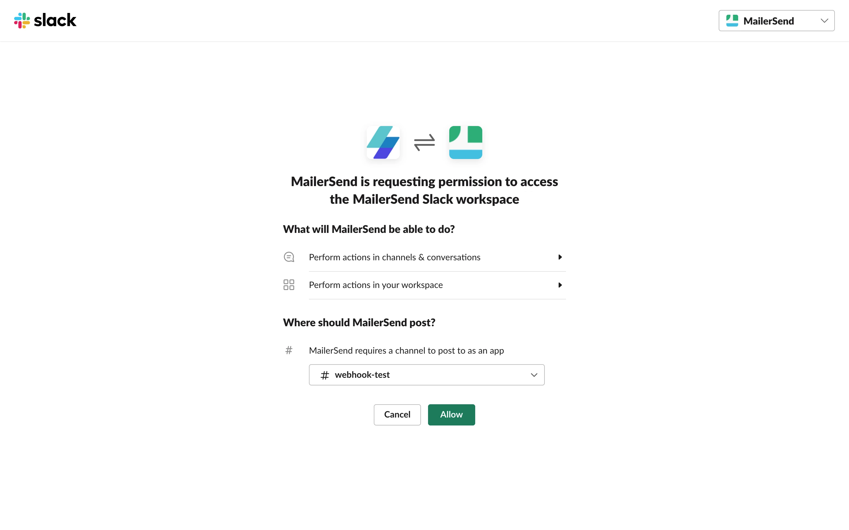 Slack request to confirm the connection to MailerSend