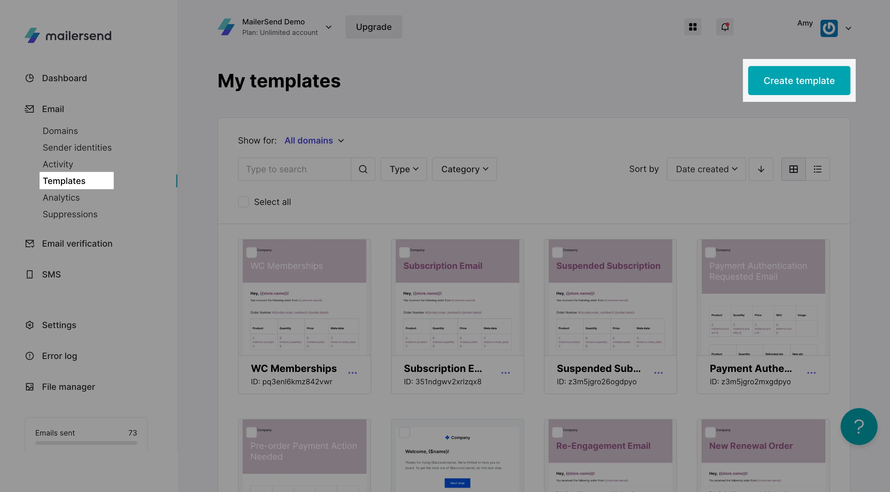 MailerSend Templates page with navigation and create template button highlighted.