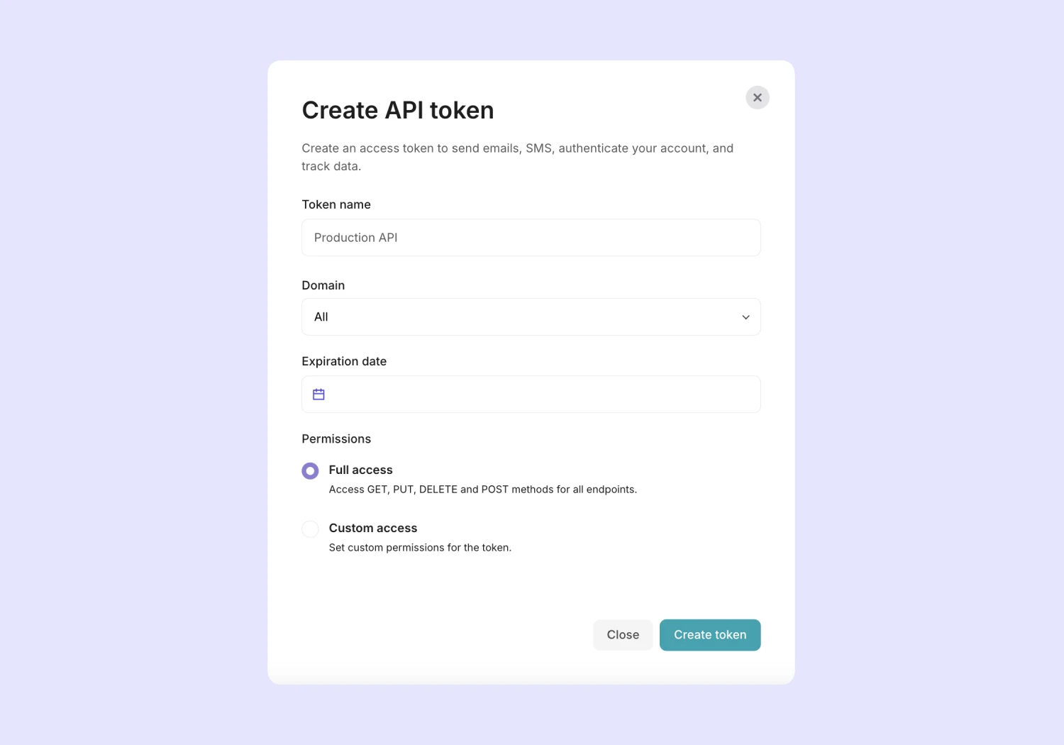 Creating a new API token in MailerSend
