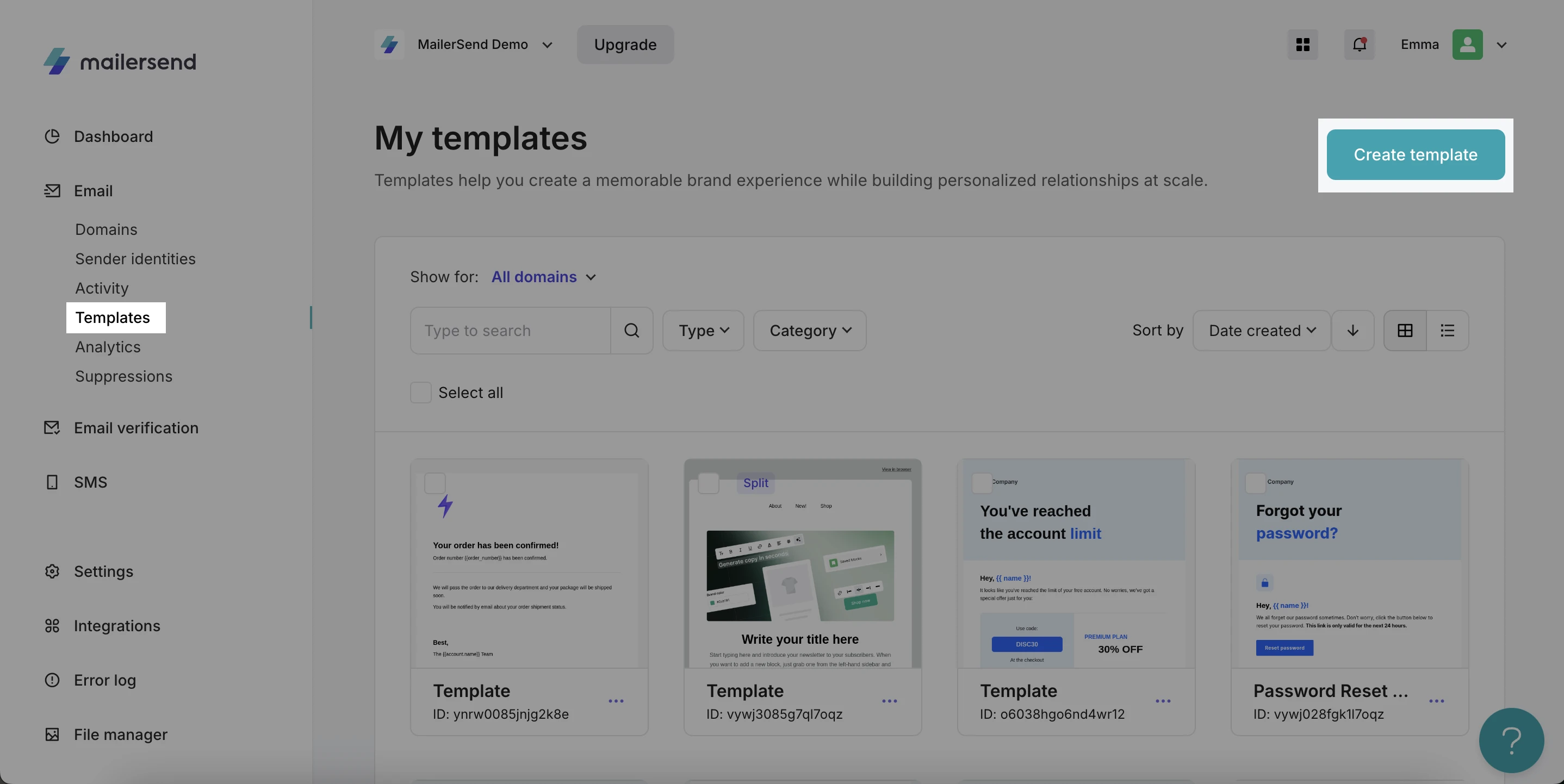 MailerSend Templates page
