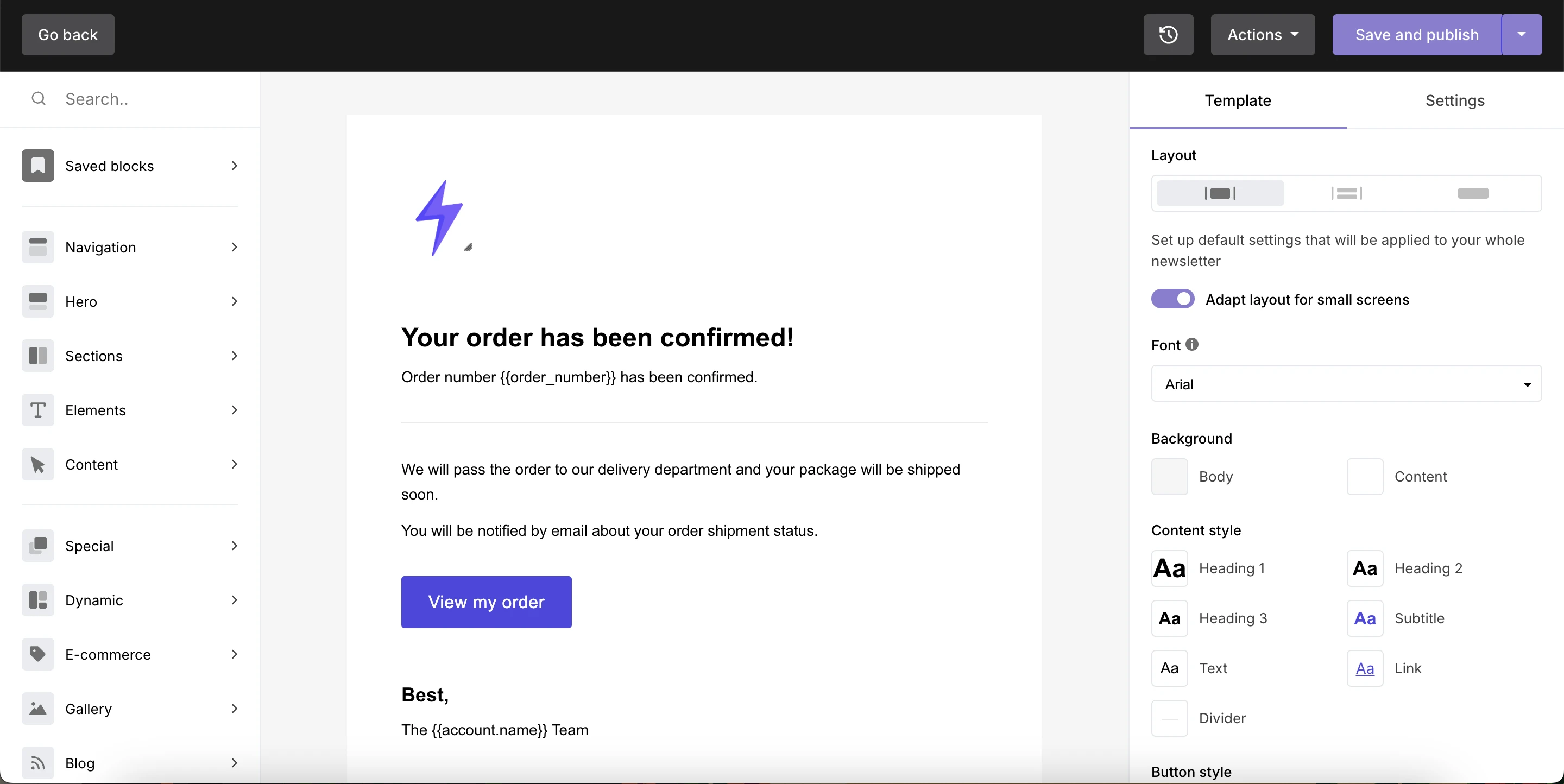 MailerSend template builder page