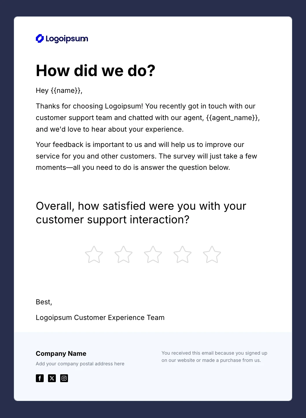 An example of a CSAT survey email built with MailerSend's drag and drop builder.