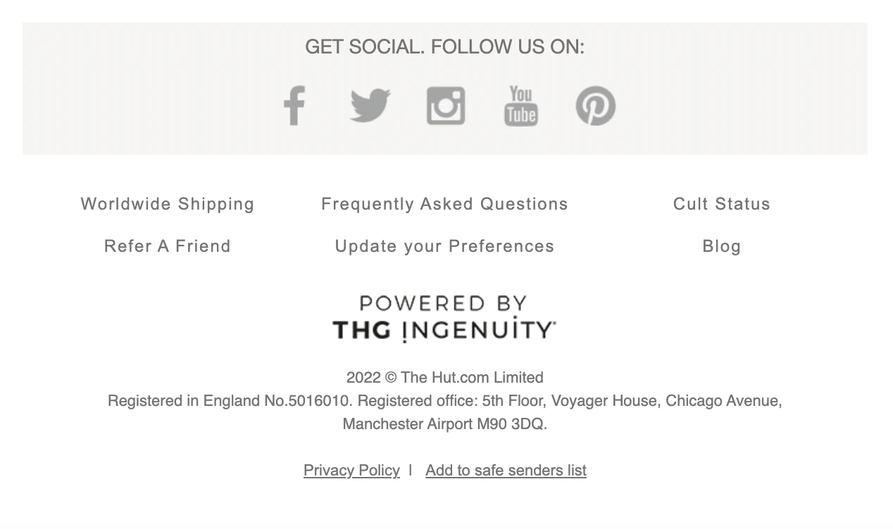 Cult beauty email example with the email footer visible.