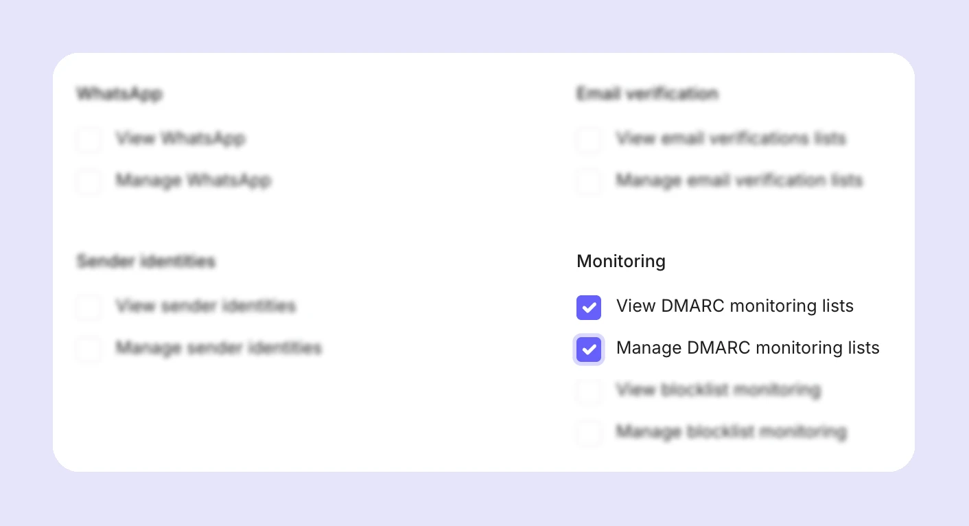 The View DMARC monitoring lists and Manage DMARC monitoring lists options in custom user settings. 