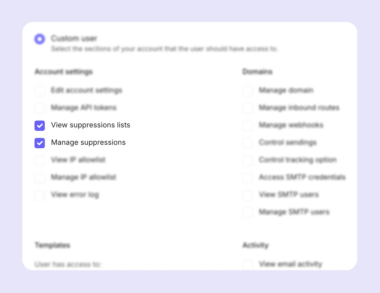 The View suppressions lists and Manage suppressions options in custom user settings. 