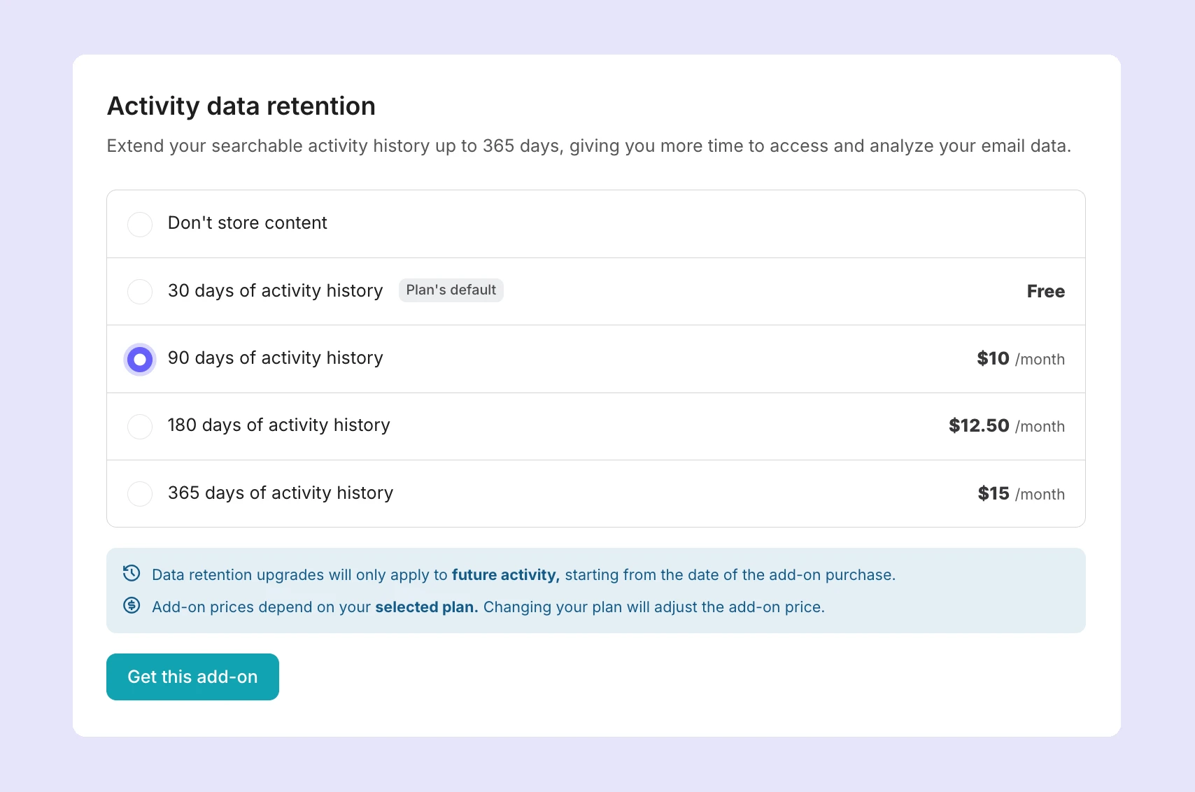 The Data retention add-on in MailerSend.