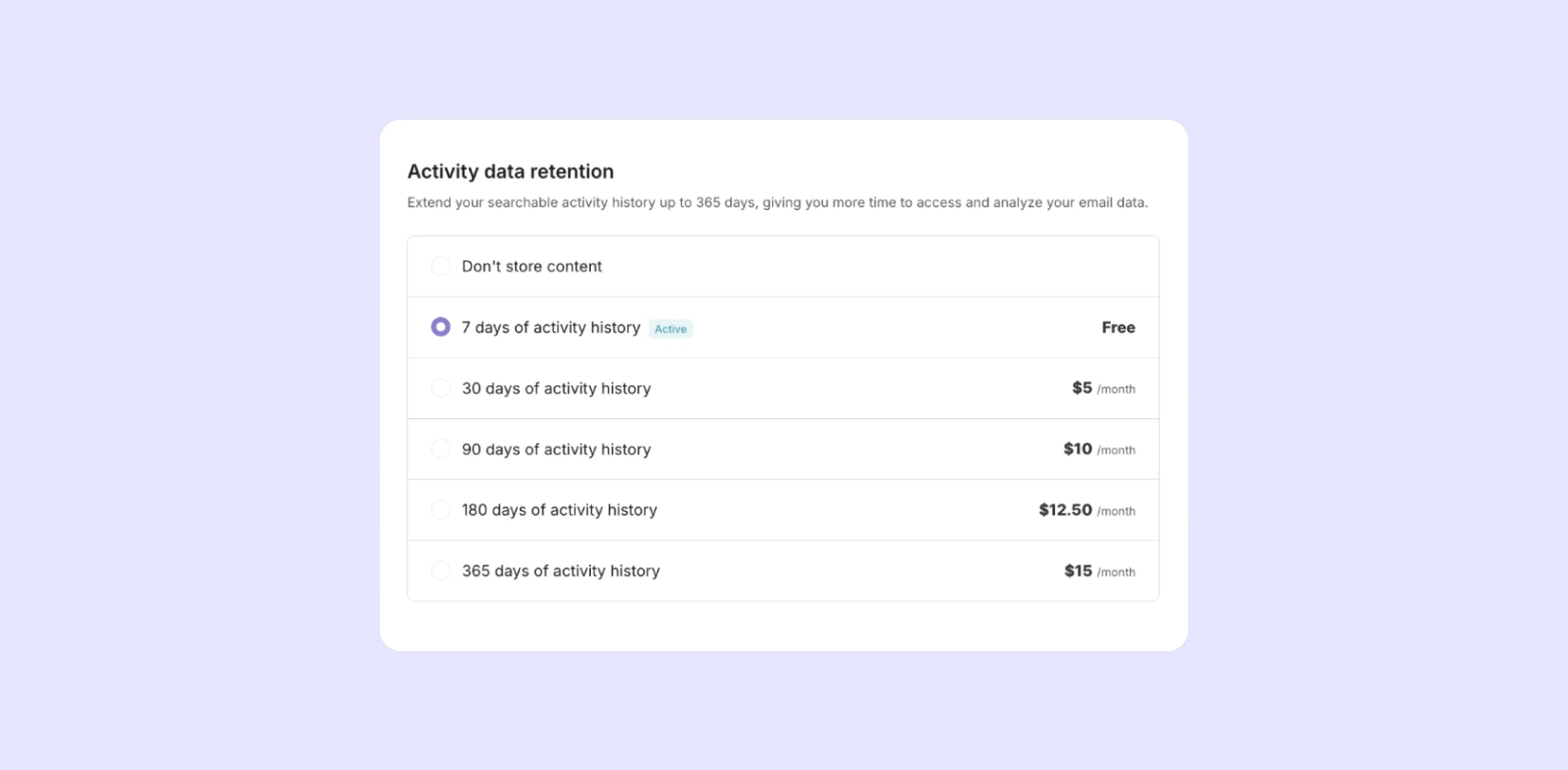 The data retention add-on section.