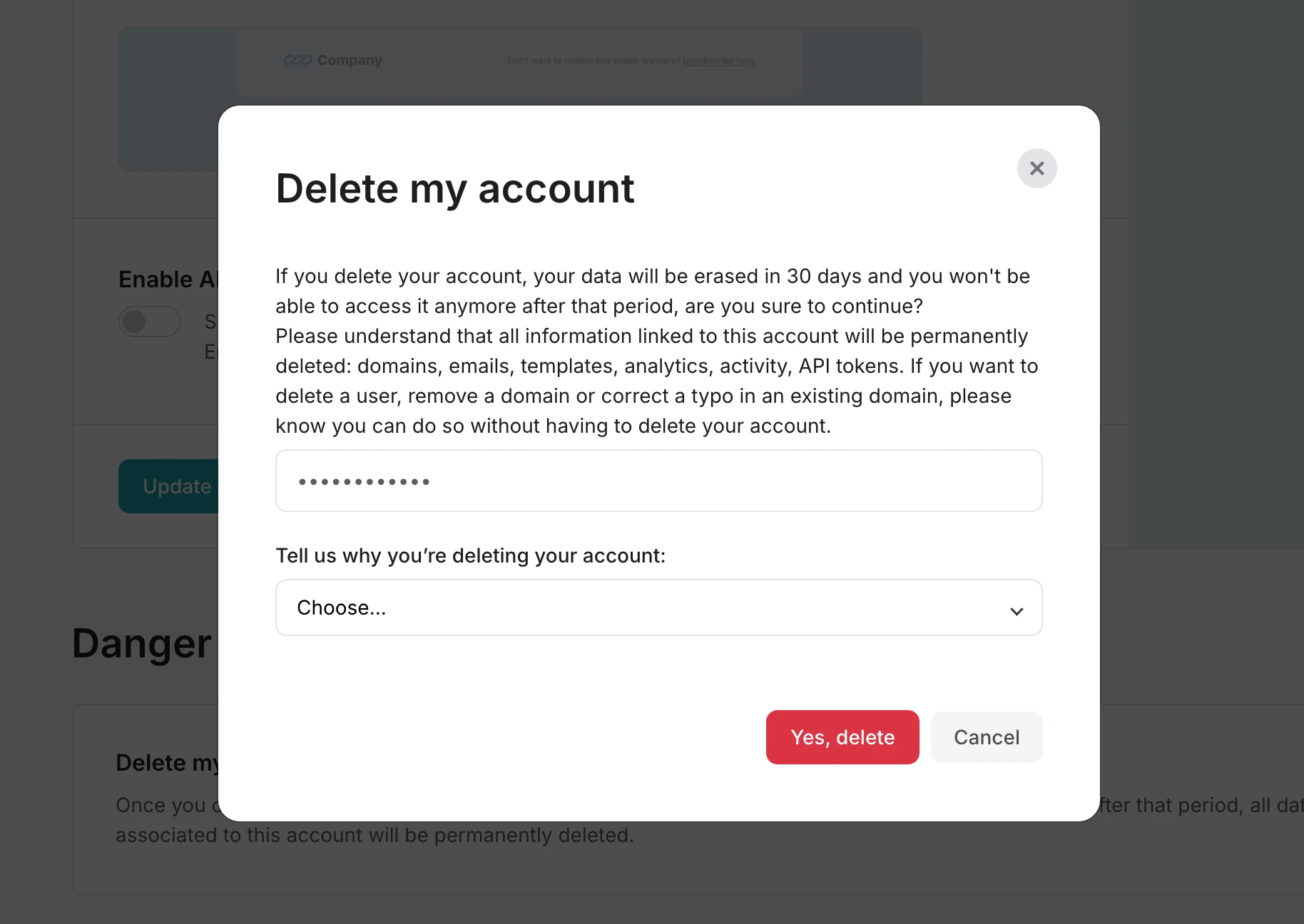 Confirm account deletion in MailerSend.