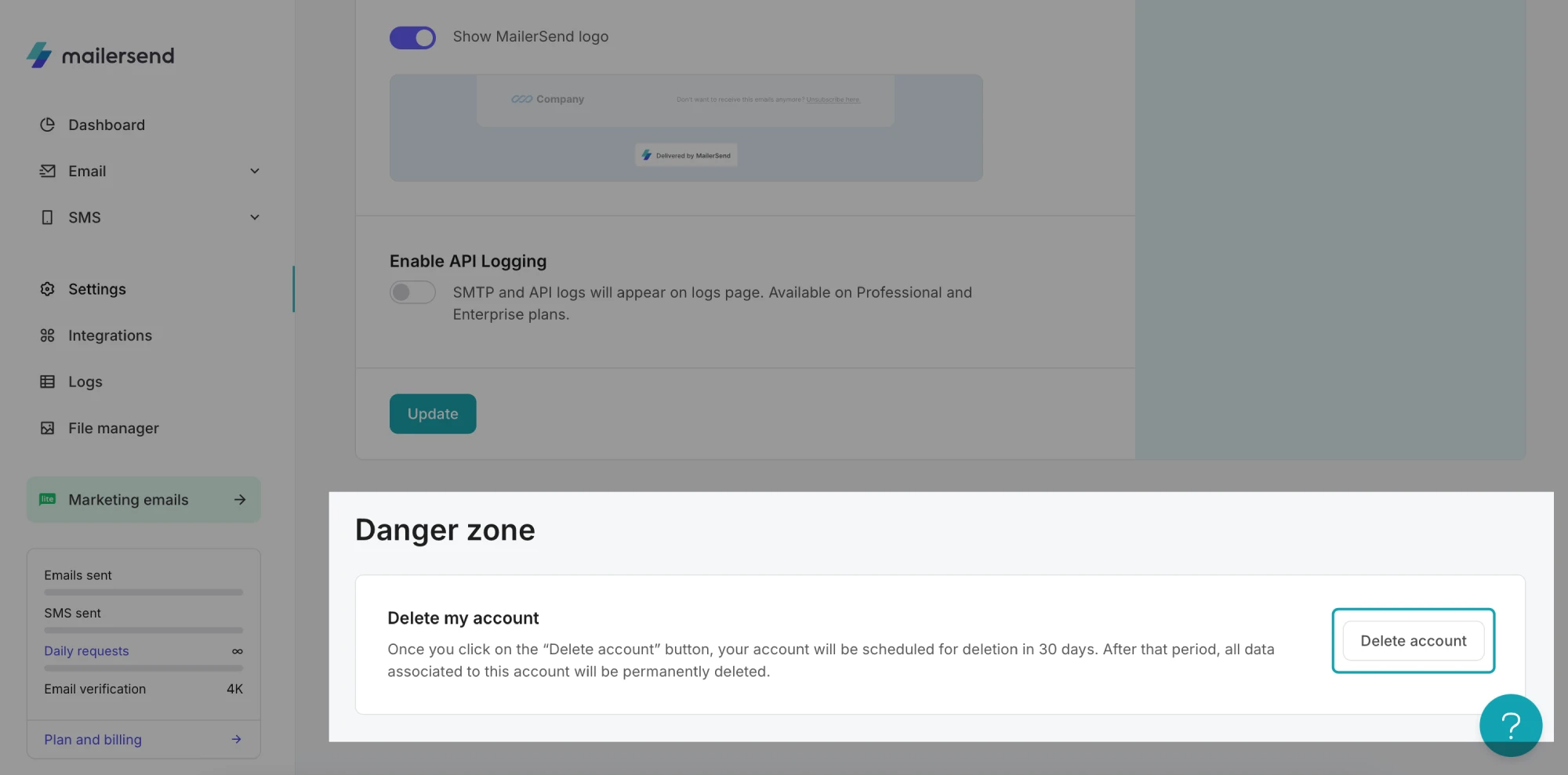 Delete account in MailerSend Settings.