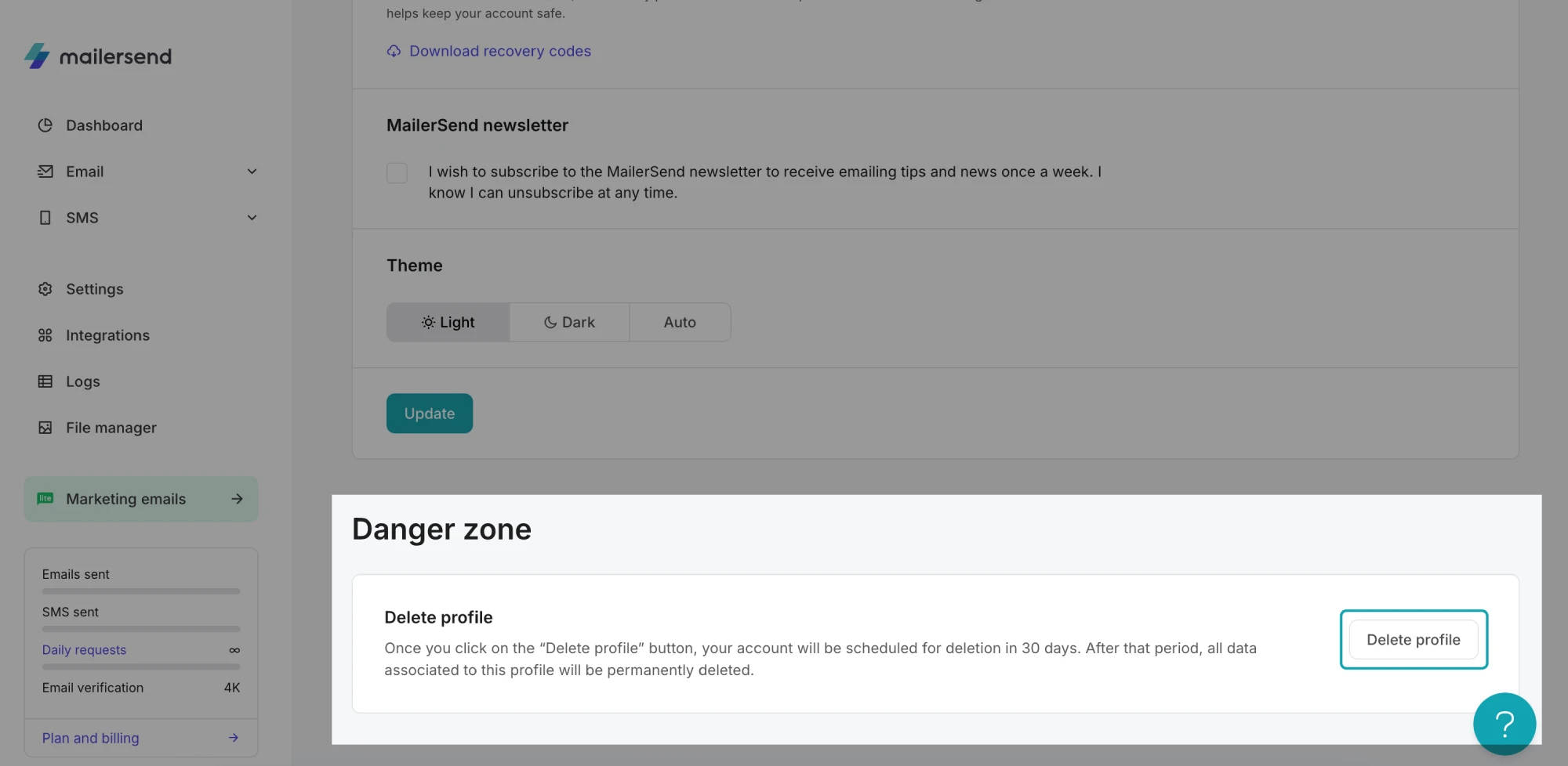 Delete profile option.