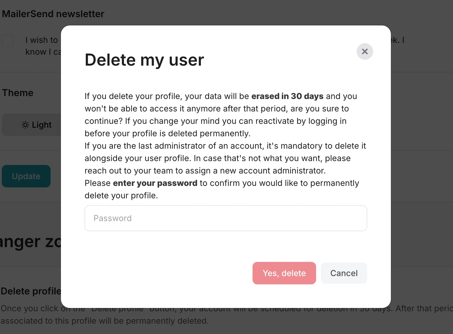 Confirmation the deletion of the user.