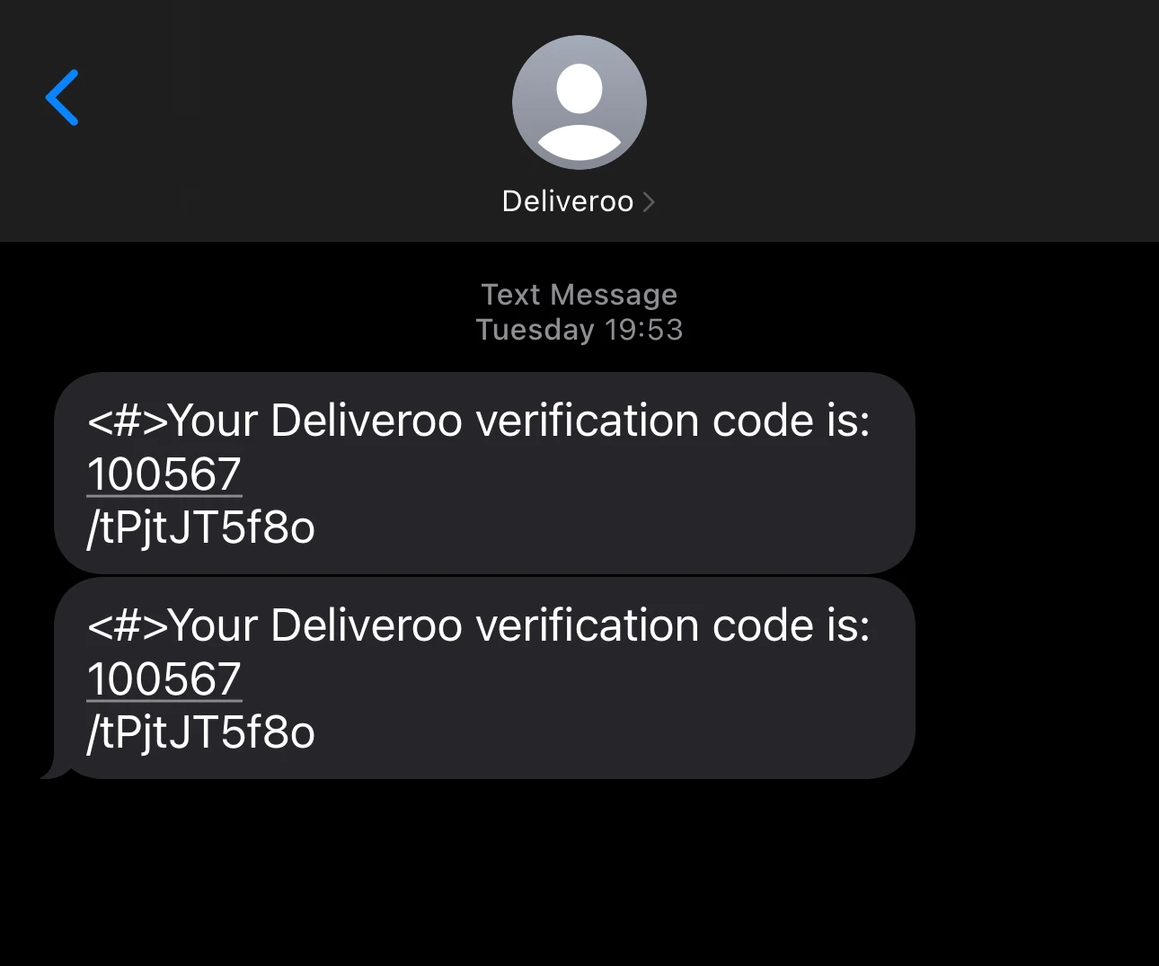 An example of a transmission-based OTP SMS from Deliveroo.