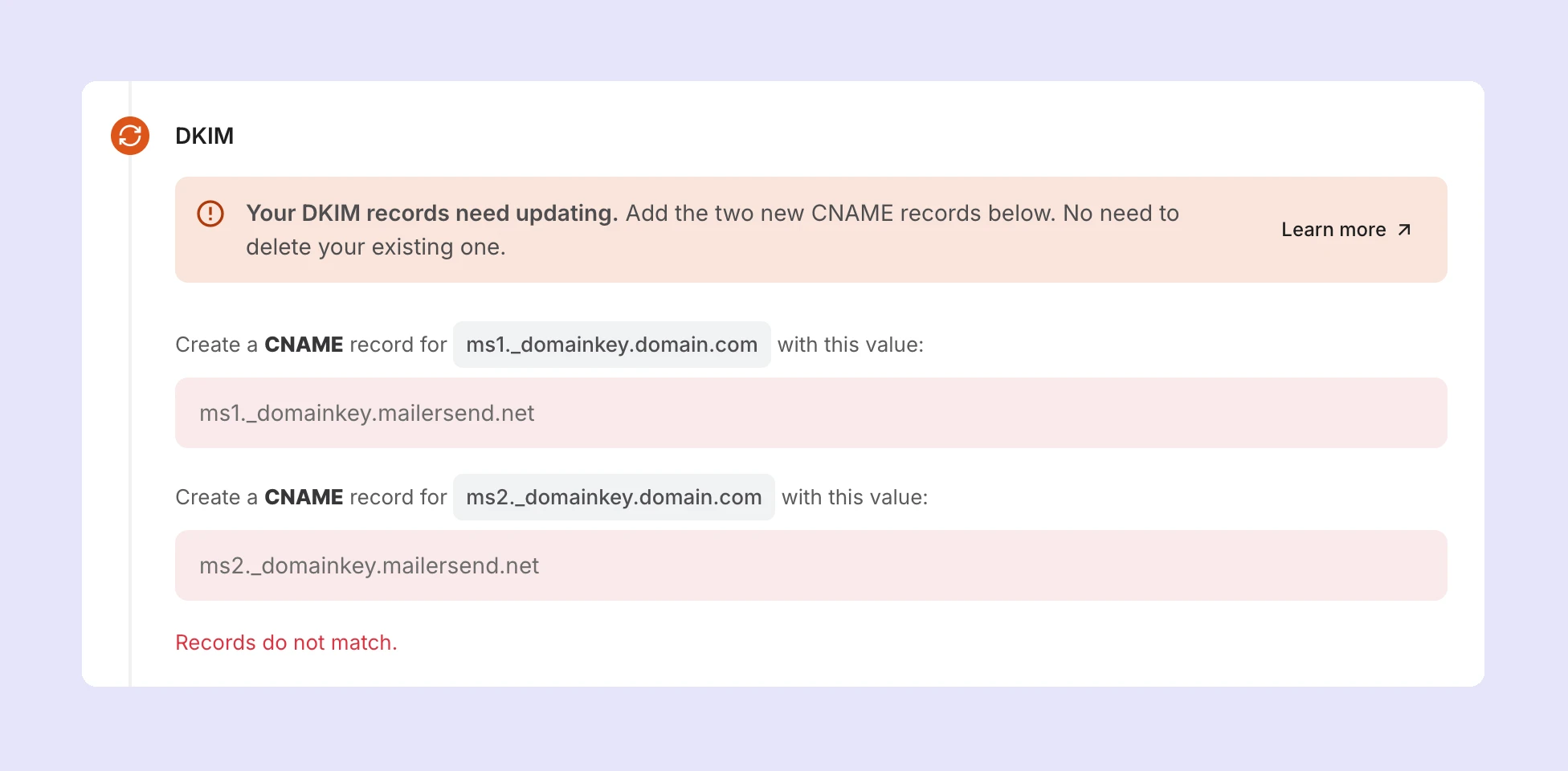 The DKIM messaging on the domain verification page.
