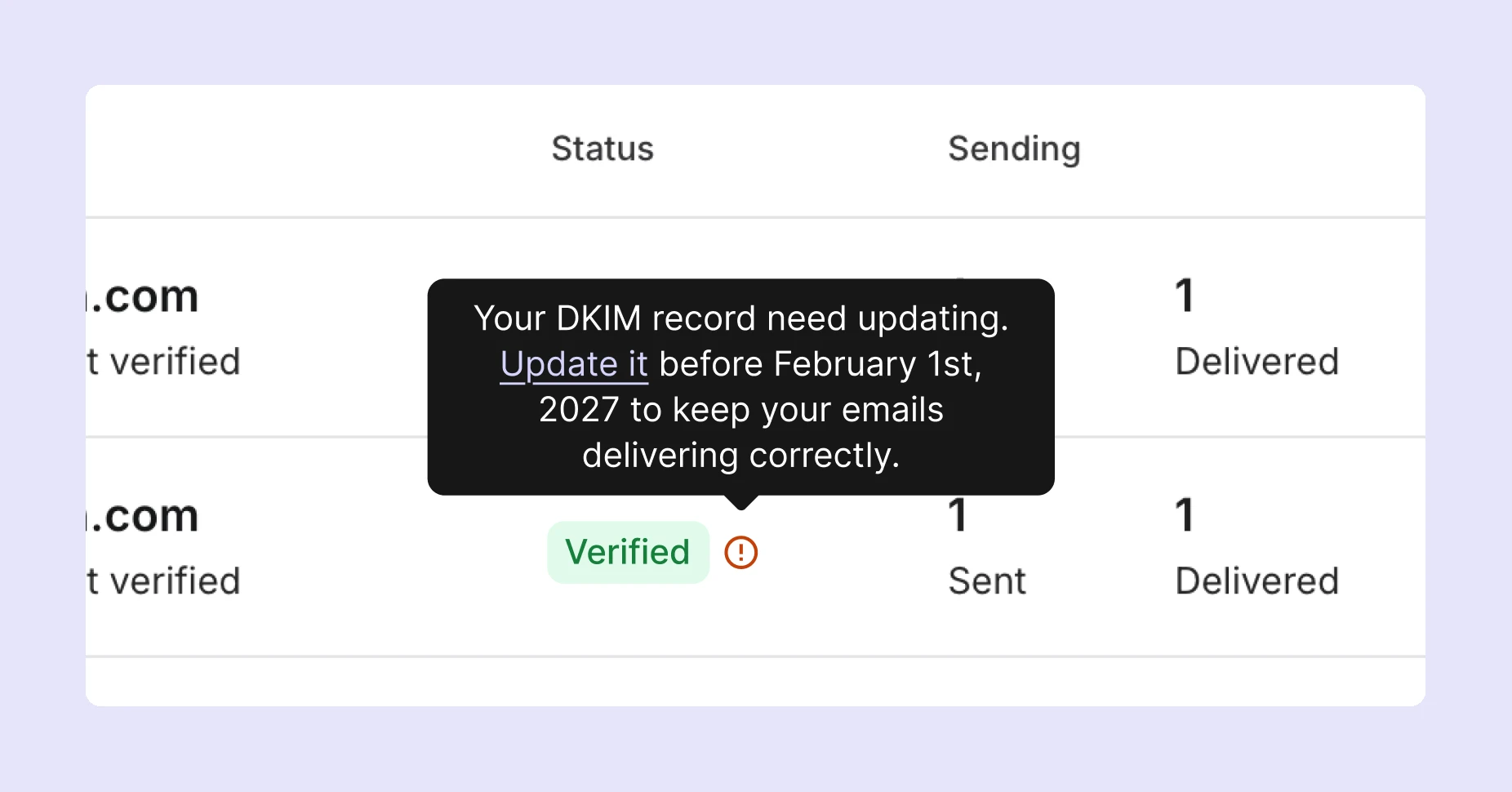 The tooltip message which says Your DKIM records needs updating. Update it before February 1st, 2027 to keep your emails delivering correctly.