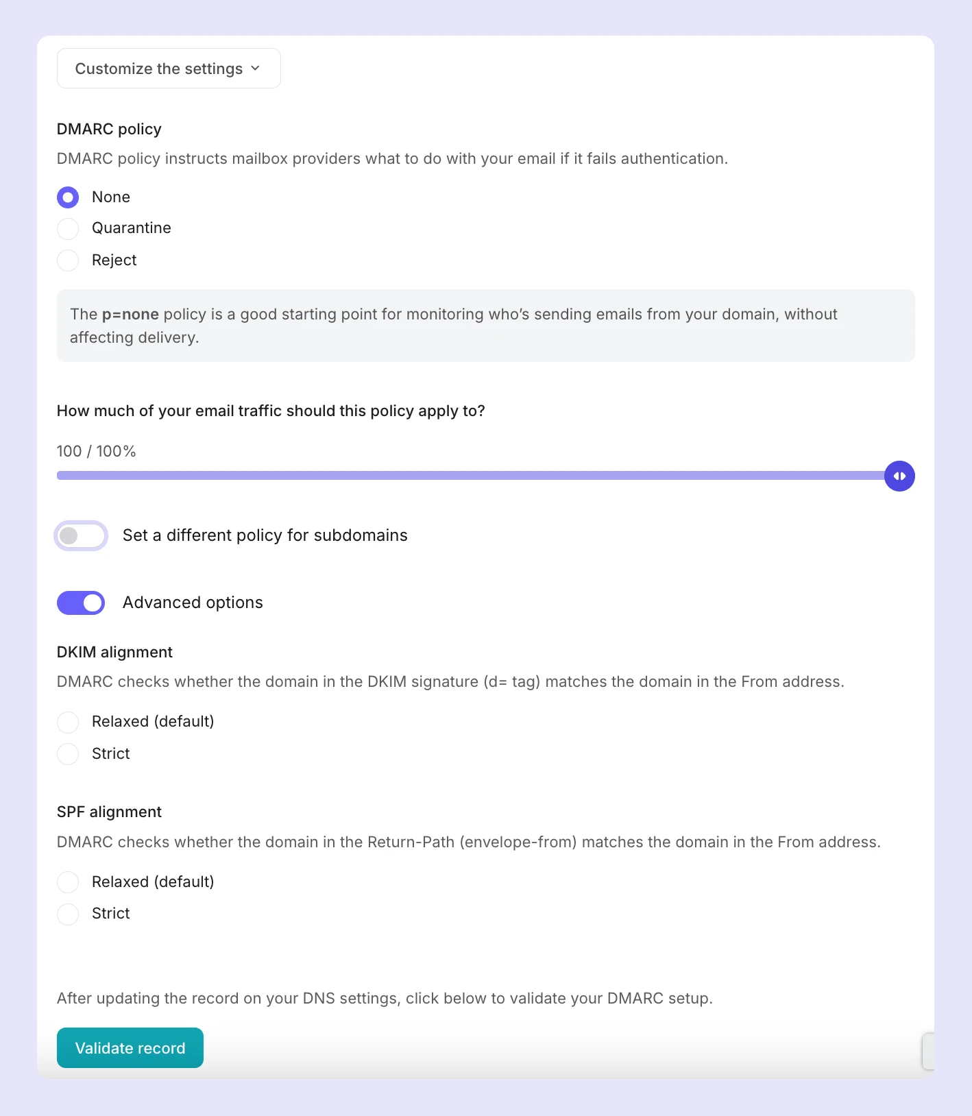 The customization settings for DMARC records in MailerSend.