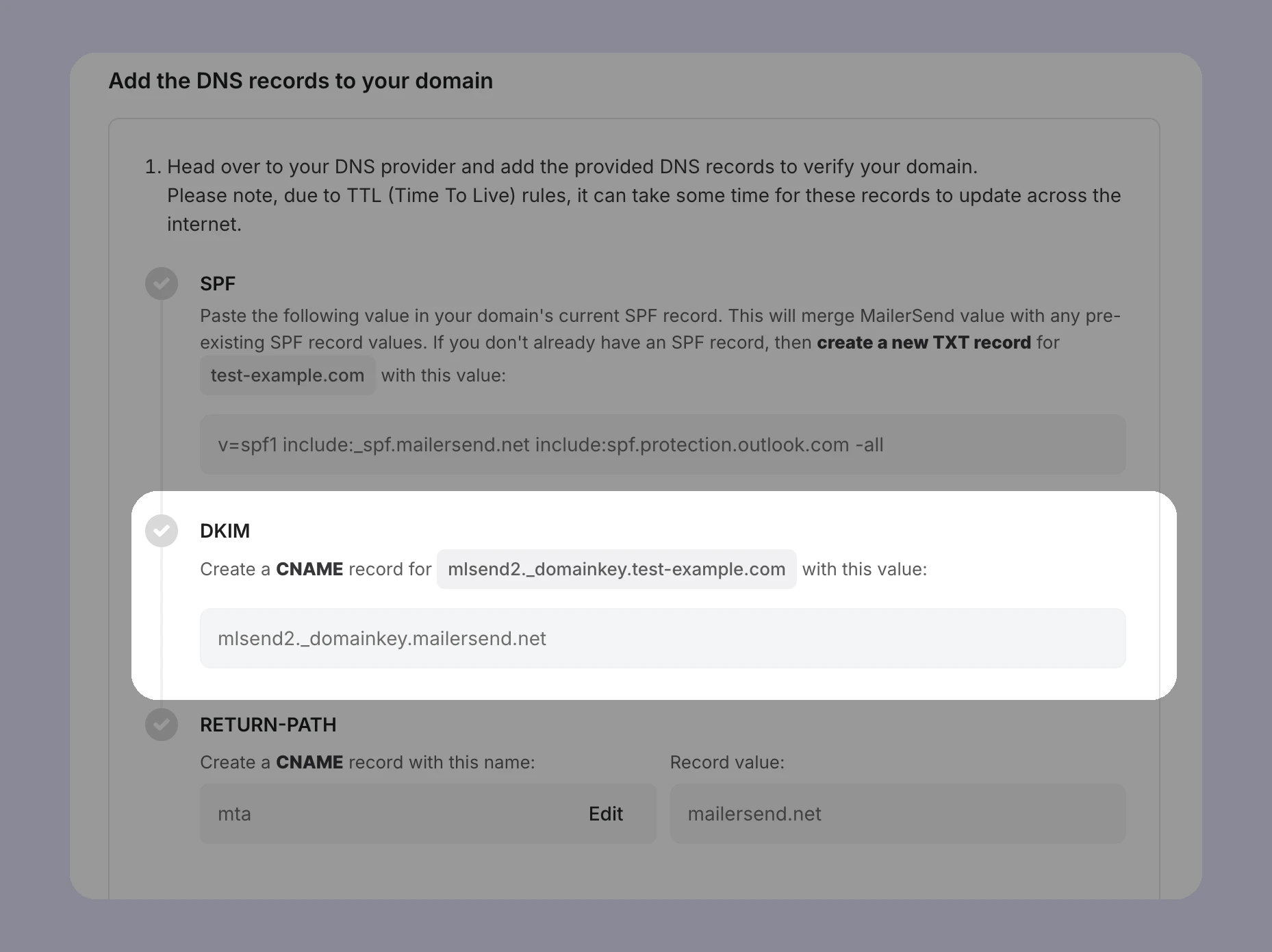 An example of a DKIM record in MailerSend. 