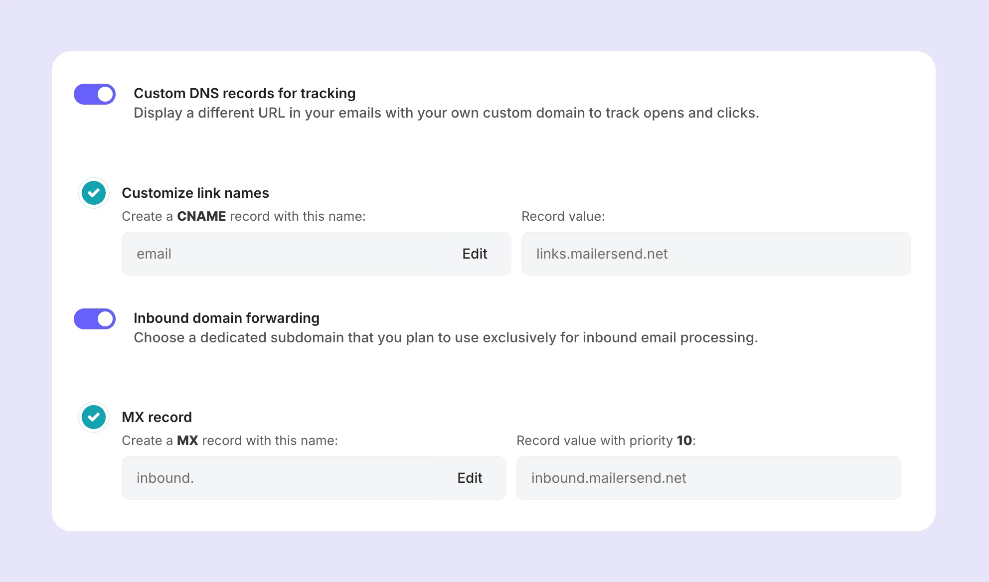 The optional DNS records settings for custom domain tracking and inbound domain forwarding.