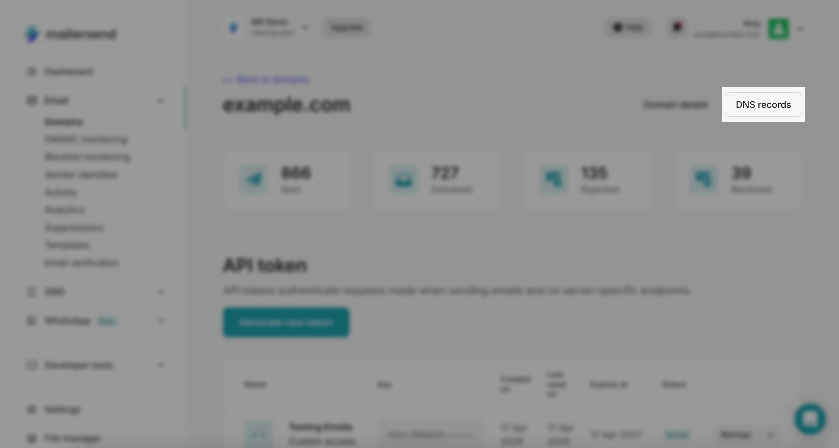 How to access the DNS records on the domain's page in MailerSend. 