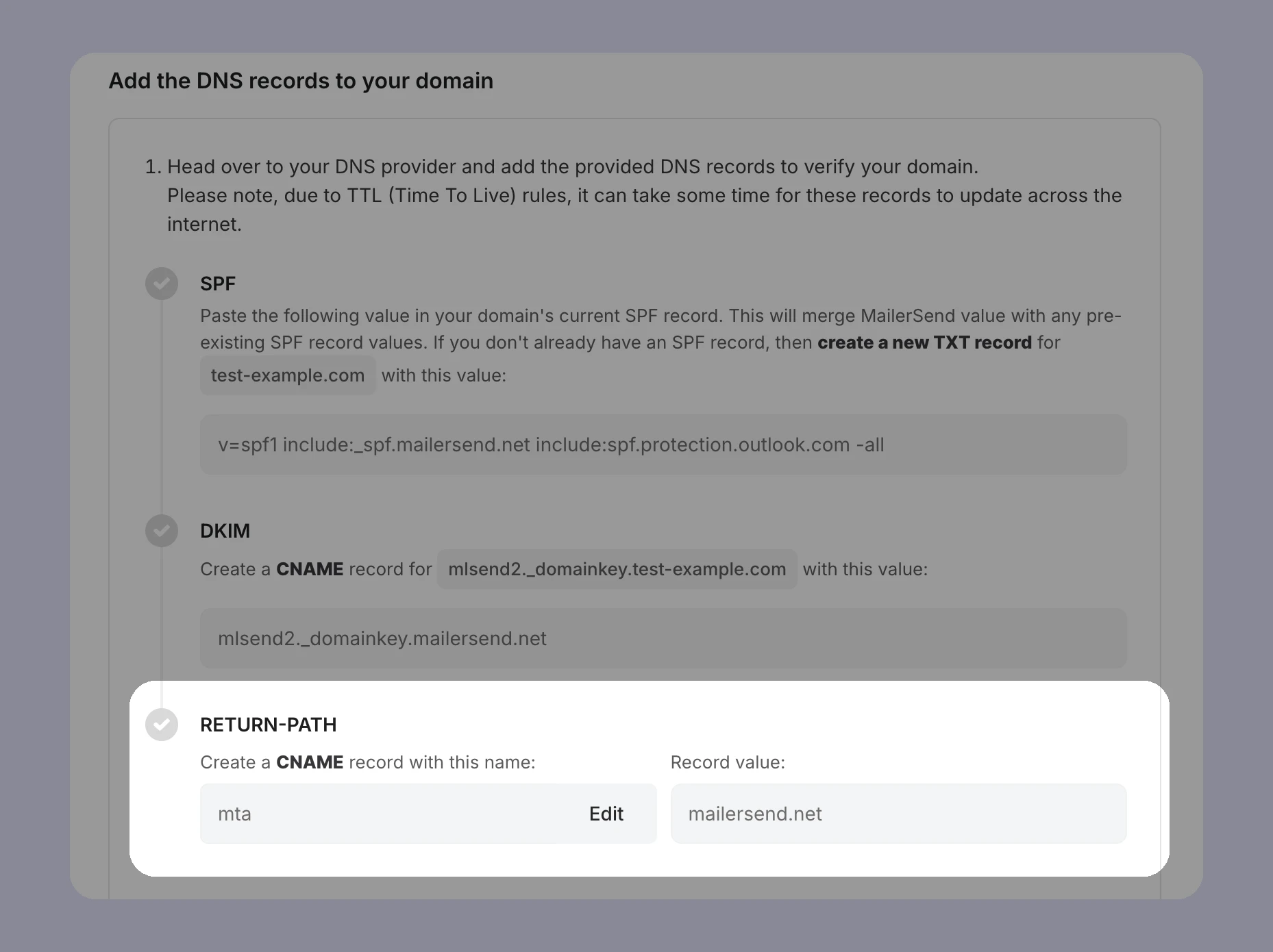 Edit the CNAME record for return-path in MailerSend.